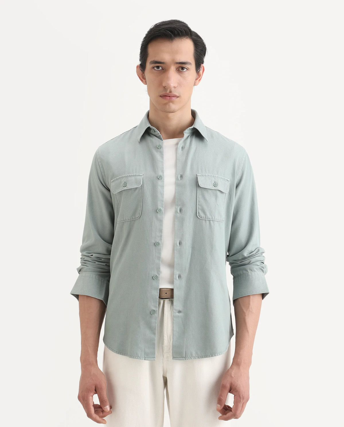 Rare Rabbit Men's Lyton-Ss26 Dusky Green Lyocell Blend Fabric Full Sleeve Spread Collar Regular Fit Plain Shirt
