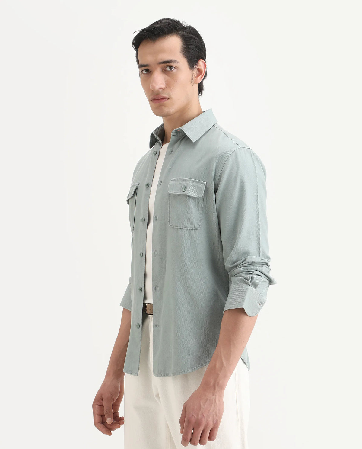 Rare Rabbit Men's Lyton-Ss26 Dusky Green Lyocell Blend Fabric Full Sleeve Spread Collar Regular Fit Plain Shirt