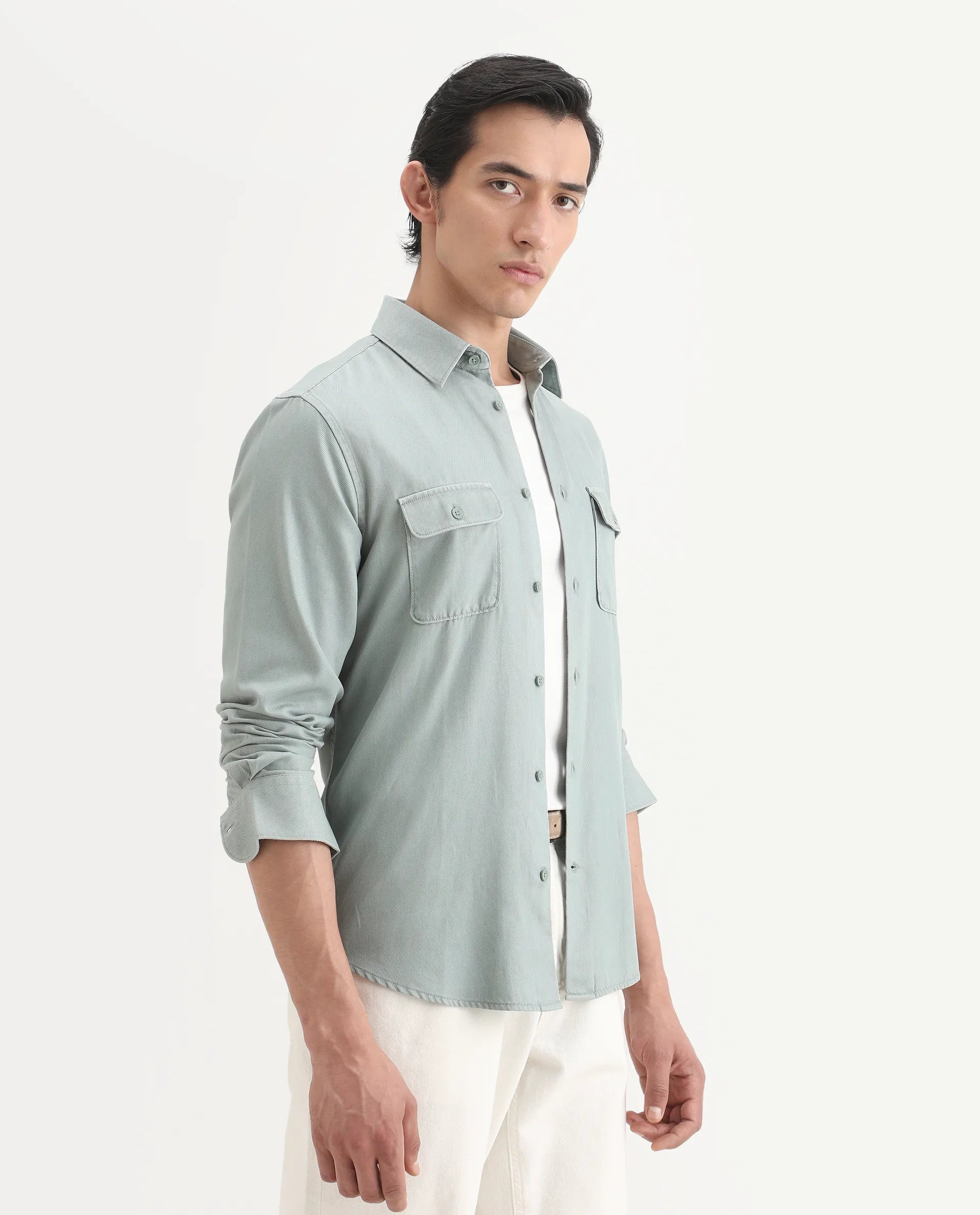 Rare Rabbit Men's Lyton-Ss26 Dusky Green Lyocell Blend Fabric Full Sleeve Spread Collar Regular Fit Plain Shirt