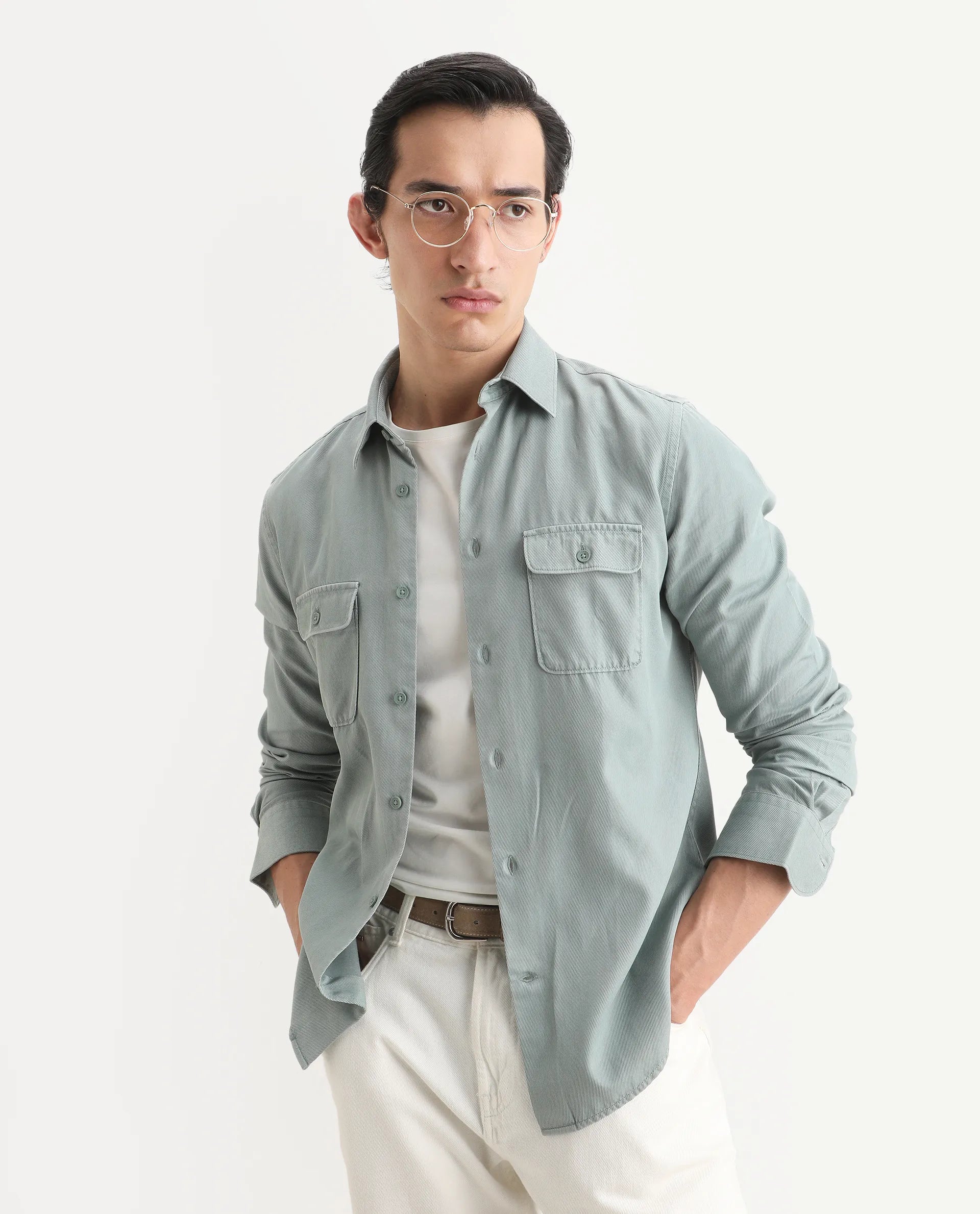 Rare Rabbit Men's Lyton-Ss26 Dusky Green Lyocell Blend Fabric Full Sleeve Spread Collar Regular Fit Plain Shirt