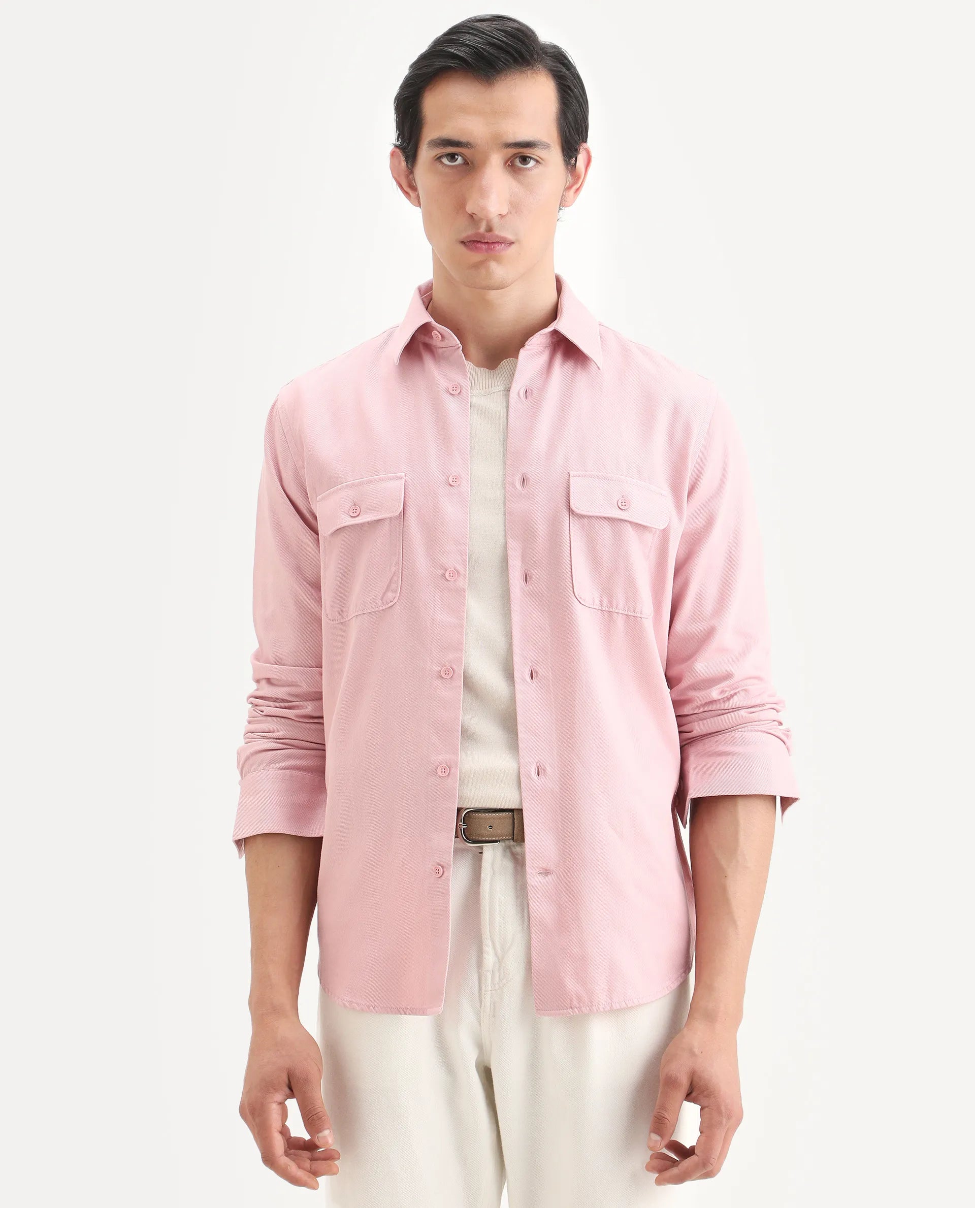 Rare Rabbit Men's Lyton-Ss26 Pastel Pink Lyocell Blend Fabric Full Sleeve Spread Collar Regular Fit Plain Shirt