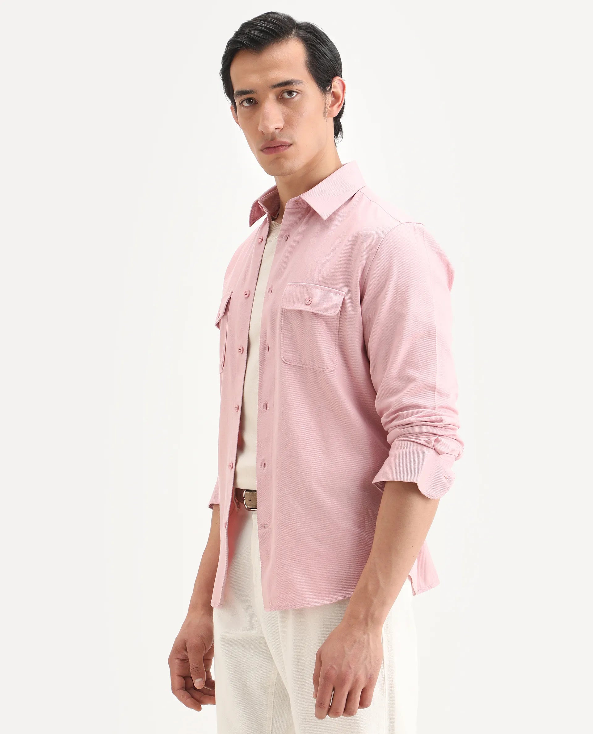 Rare Rabbit Men's Lyton-Ss26 Pastel Pink Lyocell Blend Fabric Full Sleeve Spread Collar Regular Fit Plain Shirt