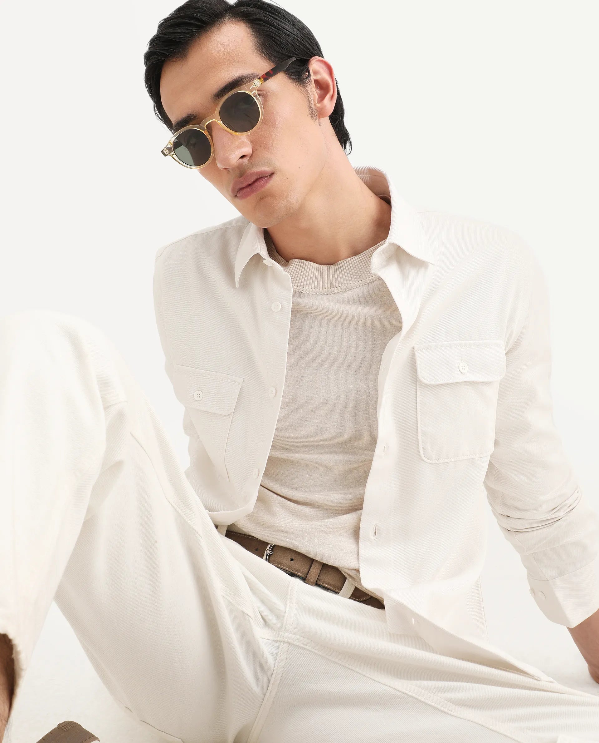 Rare Rabbit Men's Lyton-Ss26 Off White Lyocell Blend Fabric Full Sleeve Spread Collar Regular Fit Plain Shirt
