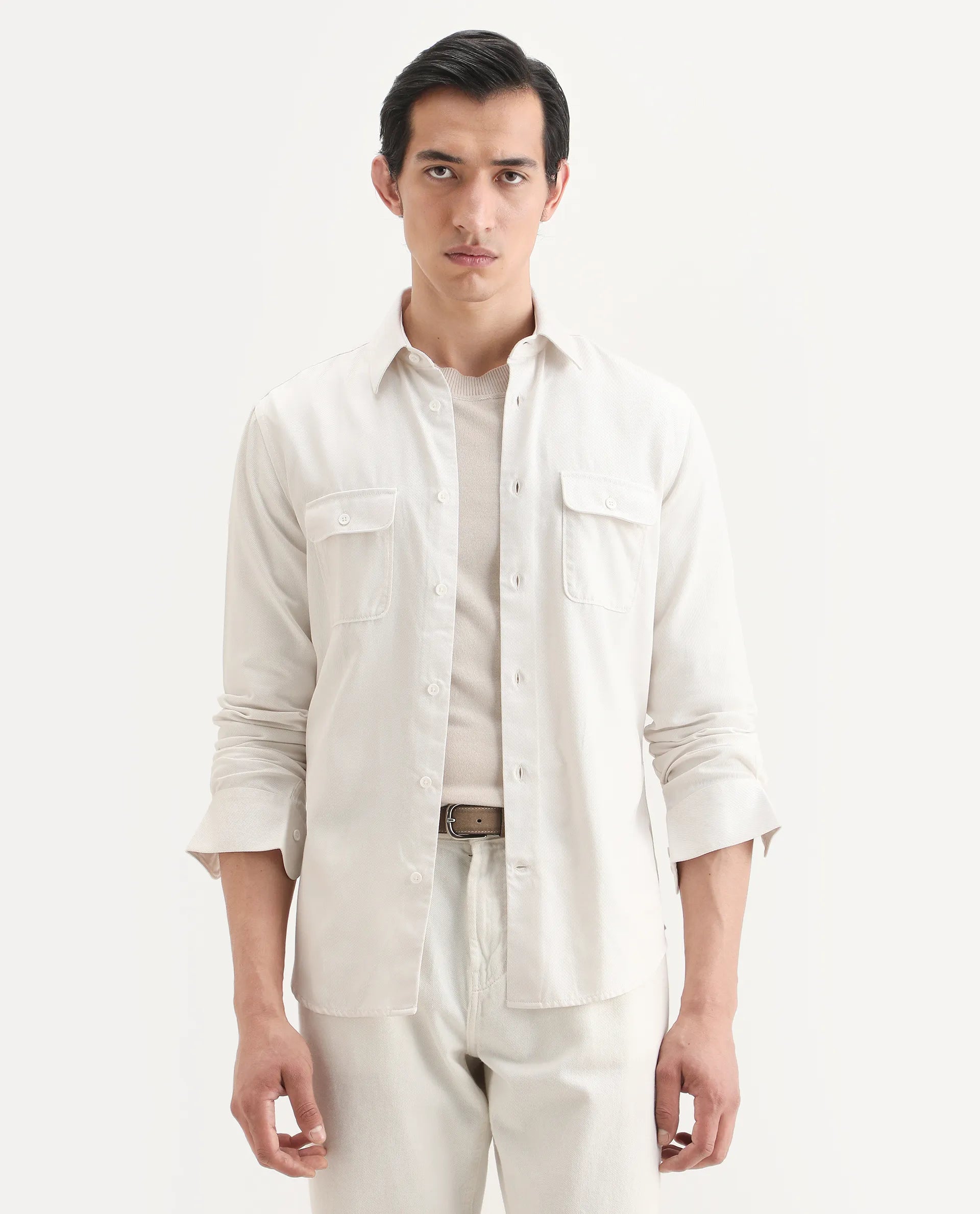 Rare Rabbit Men's Lyton-Ss26 Off White Lyocell Blend Fabric Full Sleeve Spread Collar Regular Fit Plain Shirt