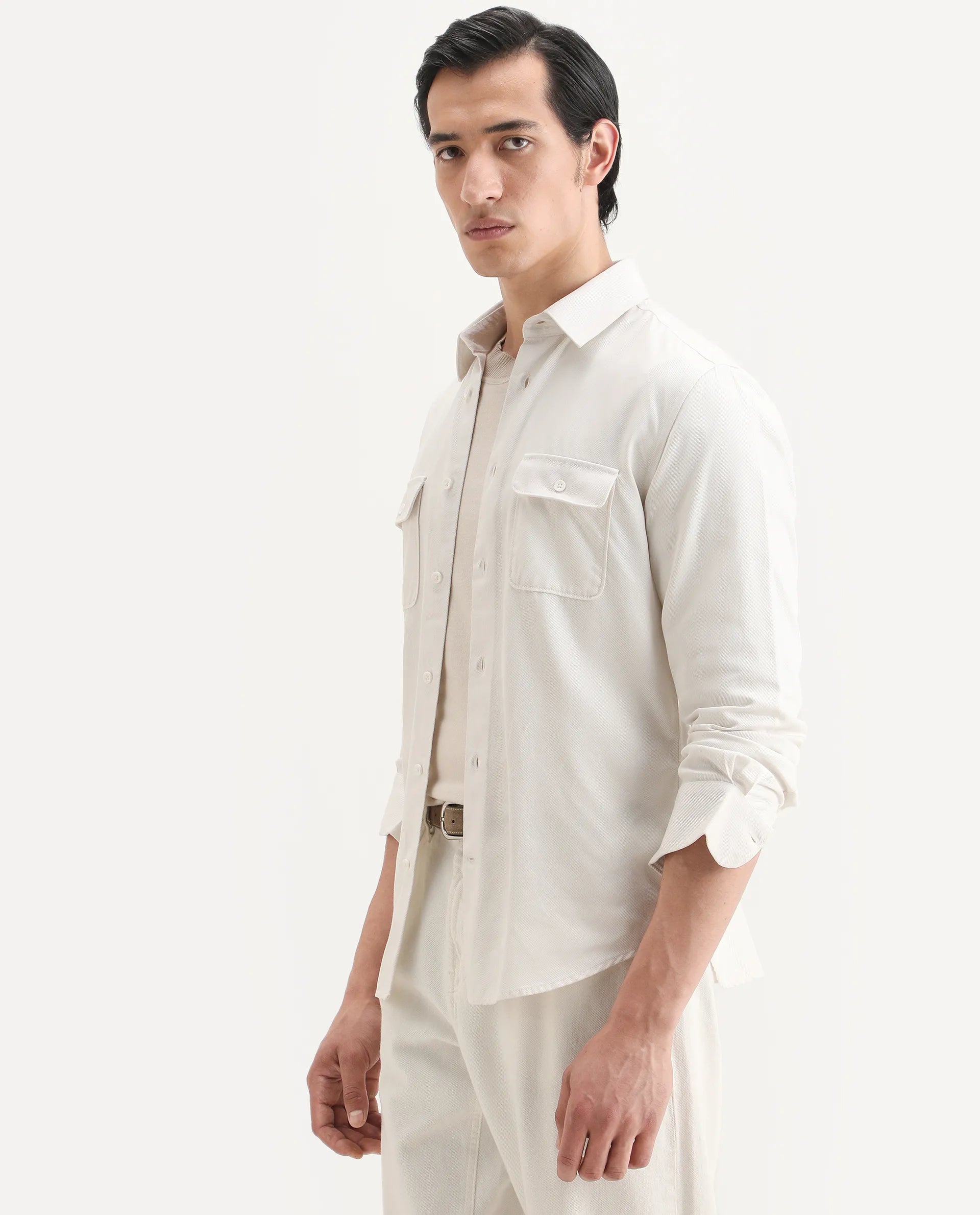 Rare Rabbit Men's Lyton-Ss26 Off White Lyocell Blend Fabric Full Sleeve Spread Collar Regular Fit Plain Shirt