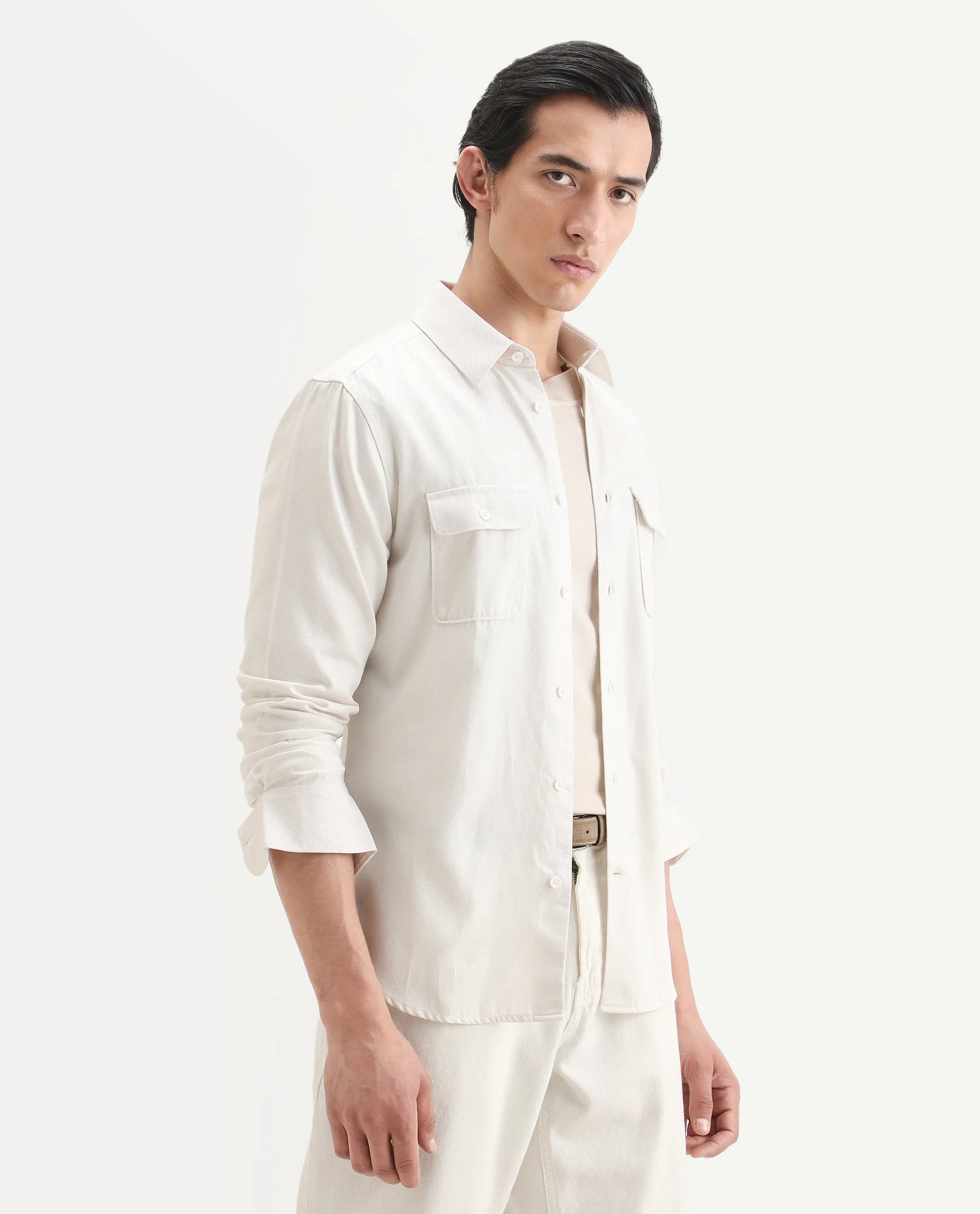 Rare Rabbit Men's Lyton-Ss26 Off White Lyocell Blend Fabric Full Sleeve Spread Collar Regular Fit Plain Shirt