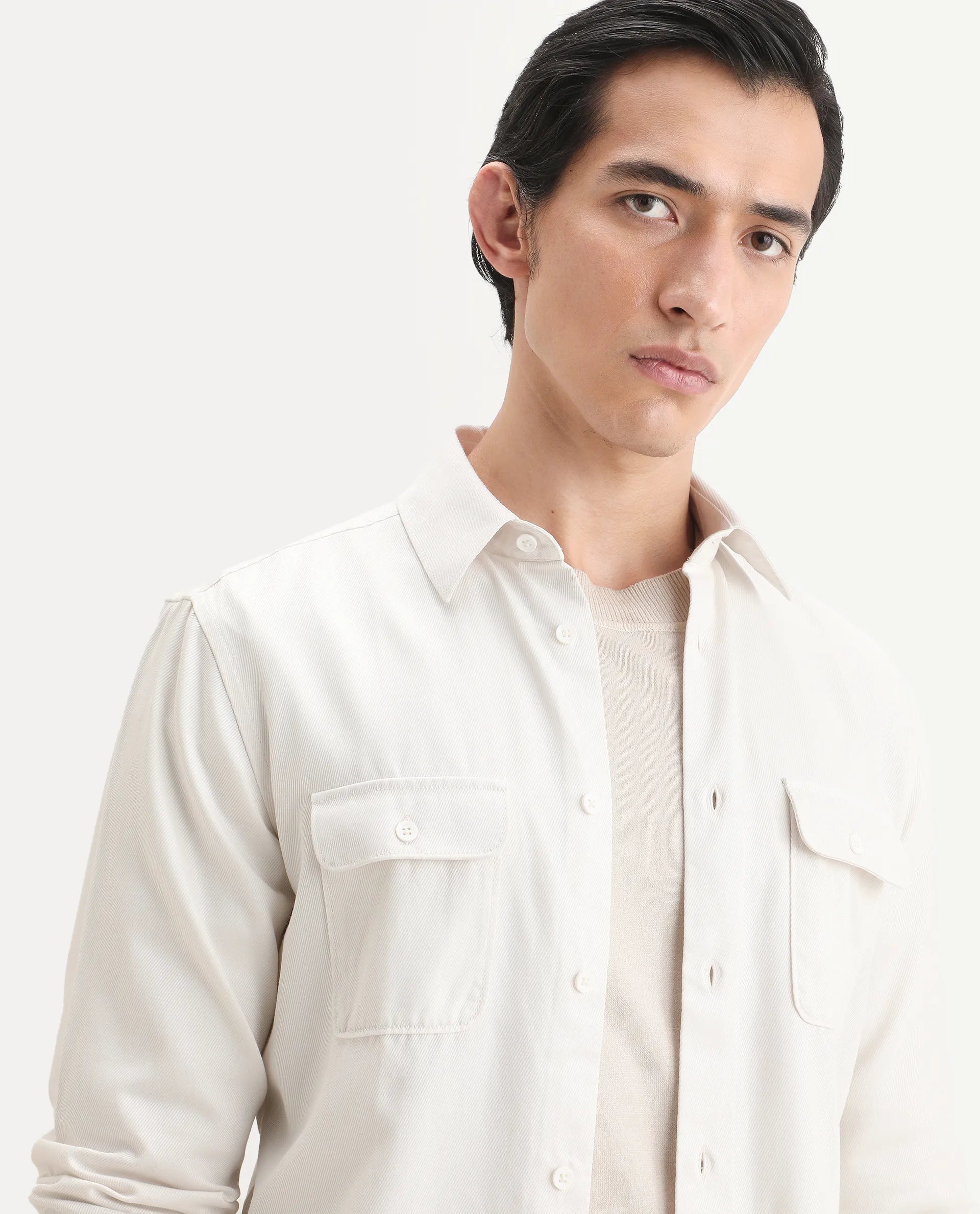 Rare Rabbit Men's Lyton-Ss26 Off White Lyocell Blend Fabric Full Sleeve Spread Collar Regular Fit Plain Shirt