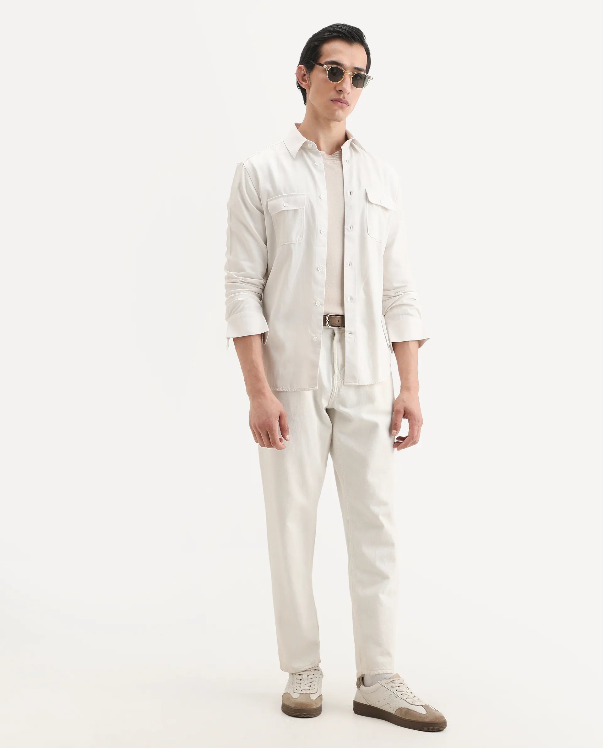 Rare Rabbit Men's Lyton-Ss26 Off White Lyocell Blend Fabric Full Sleeve Spread Collar Regular Fit Plain Shirt