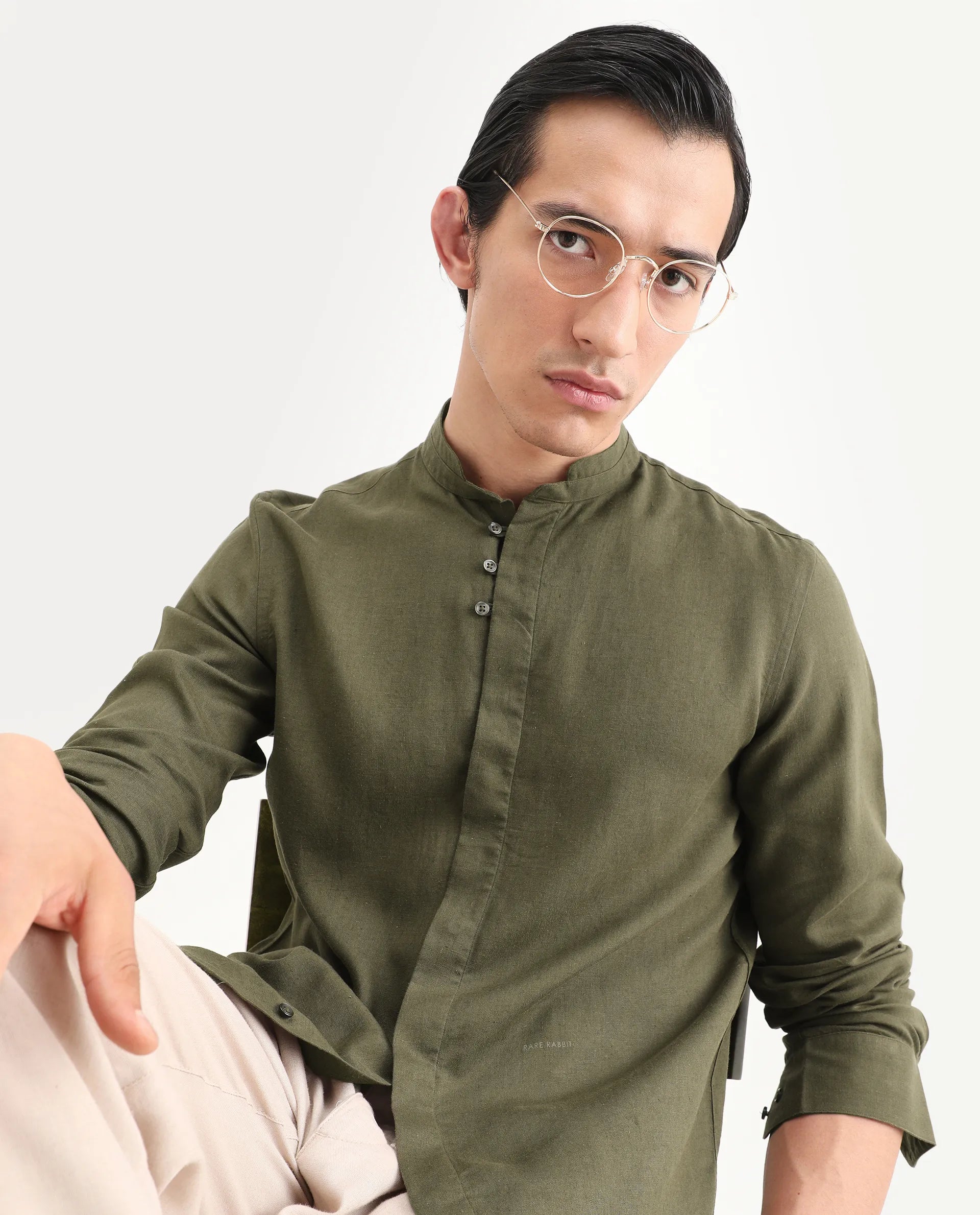 Rare Rabbit Men's Throne-26 Dark Olive Linen Blend Fabric Full Sleeve Mandarin Collar Regular Fit Plain Shirt