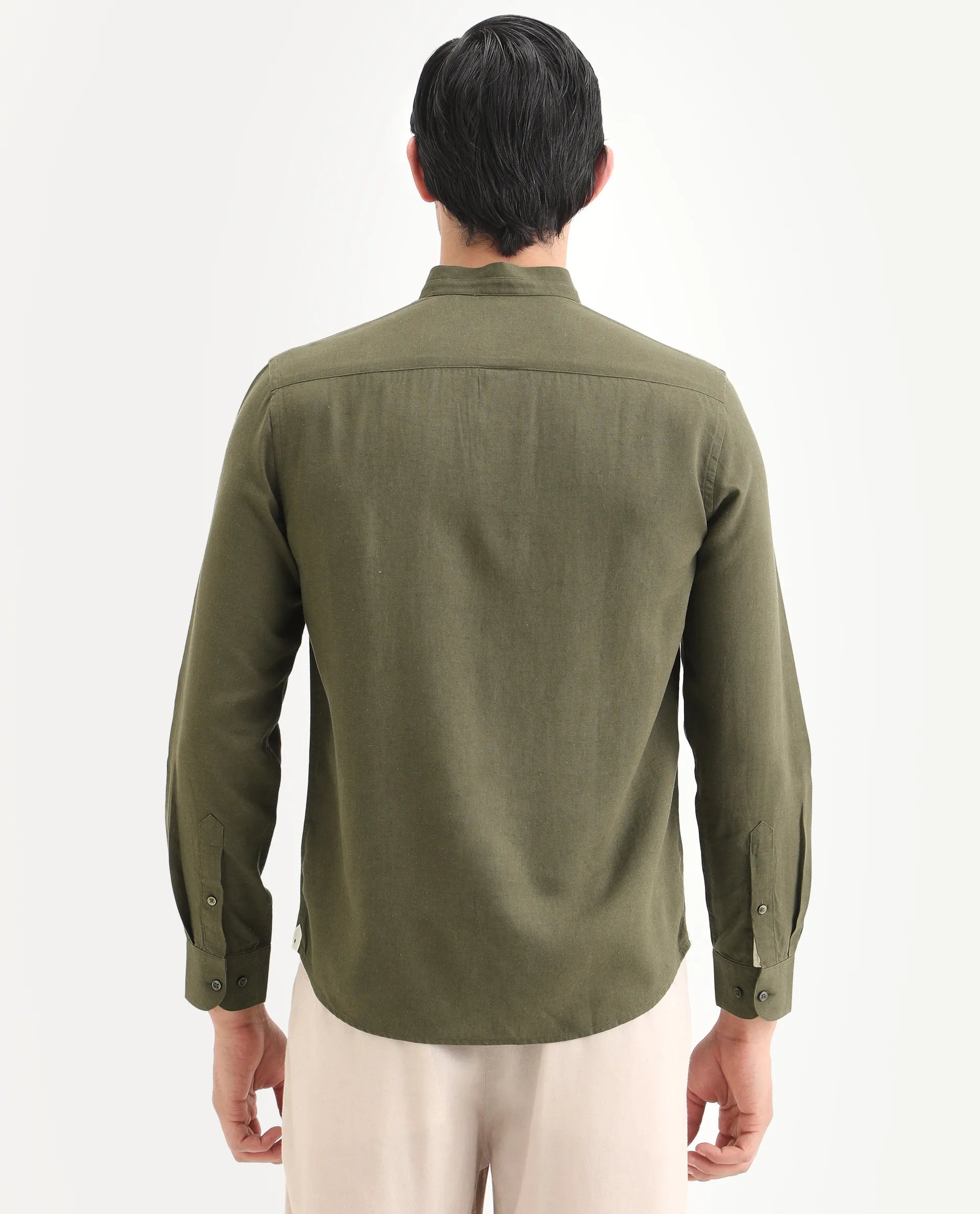 Rare Rabbit Men's Throne-26 Dark Olive Linen Blend Fabric Full Sleeve Mandarin Collar Regular Fit Plain Shirt