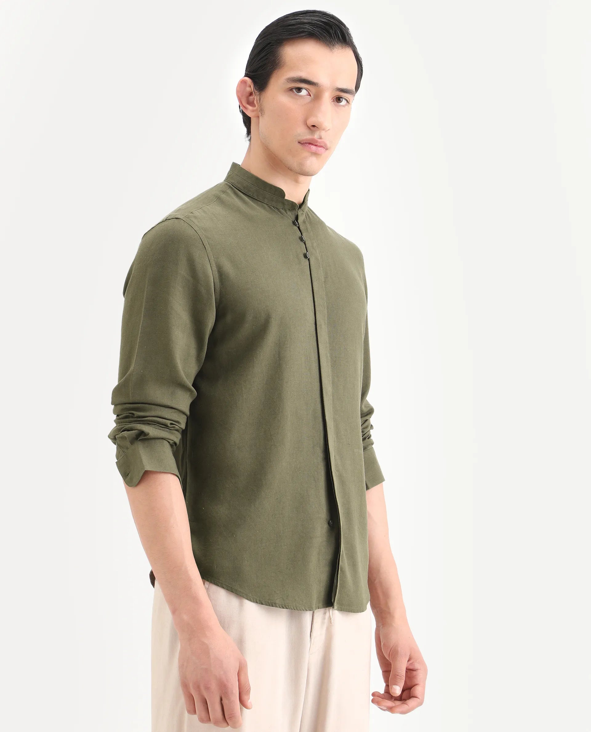Rare Rabbit Men's Throne-26 Dark Olive Linen Blend Fabric Full Sleeve Mandarin Collar Regular Fit Plain Shirt