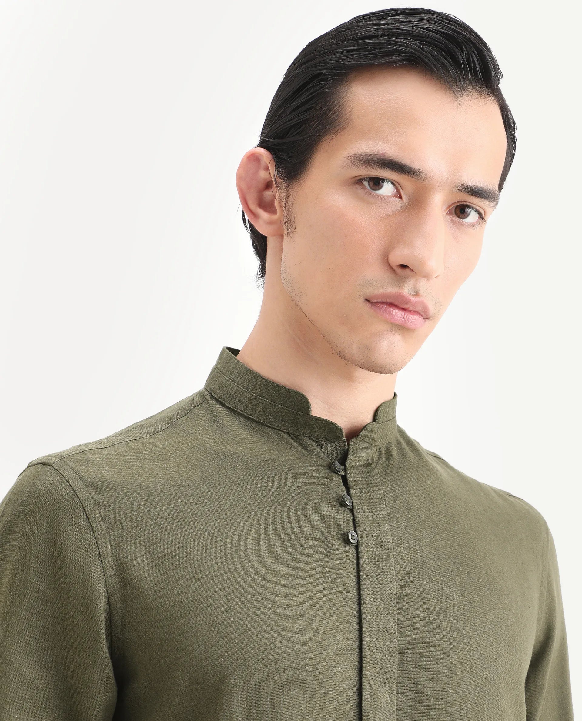Rare Rabbit Men's Throne-26 Dark Olive Linen Blend Fabric Full Sleeve Mandarin Collar Regular Fit Plain Shirt