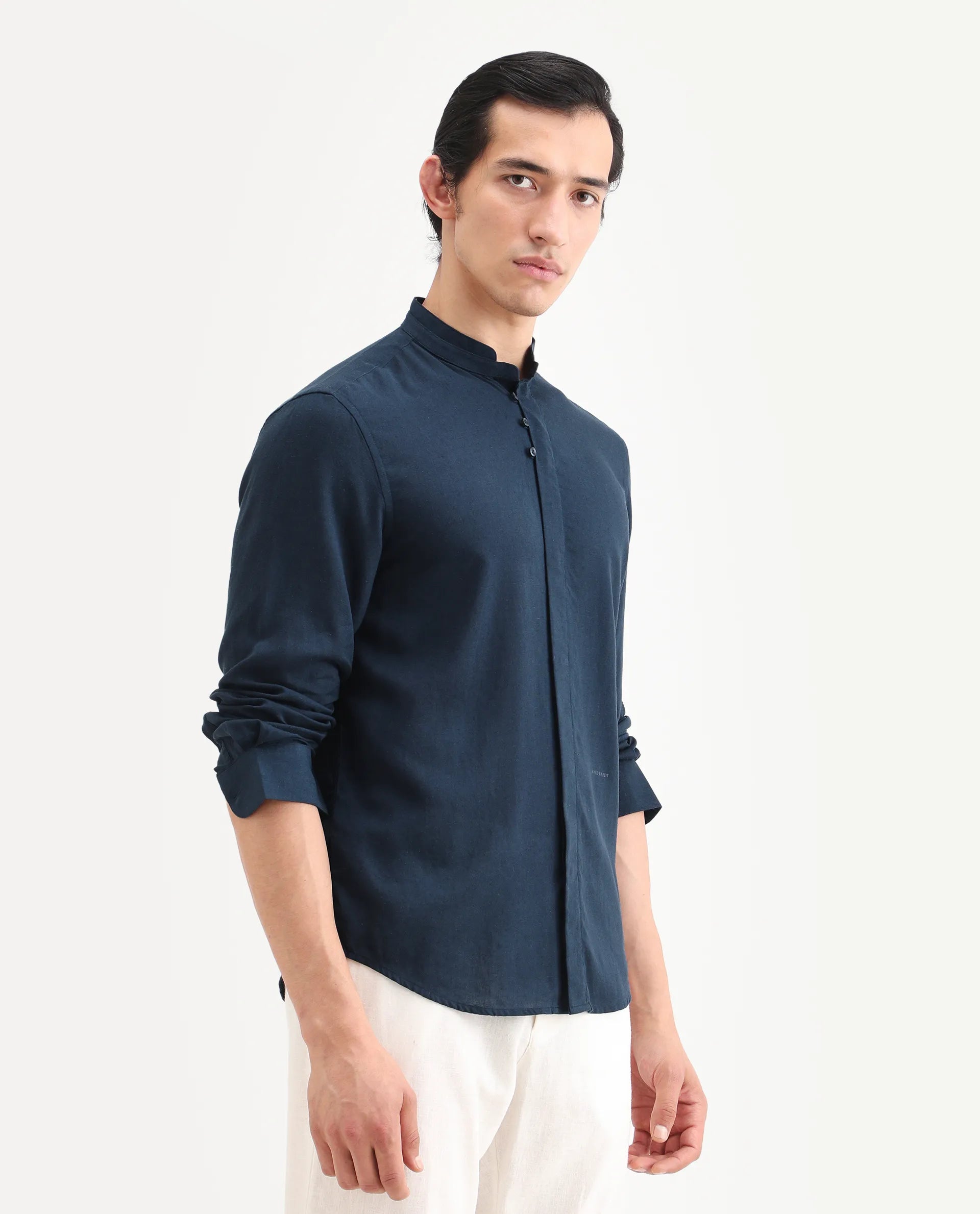 Rare Rabbit Men's Throne-26 Dark Navy Linen Blend Fabric Full Sleeve Mandarin Collar Regular Fit Plain Shirt
