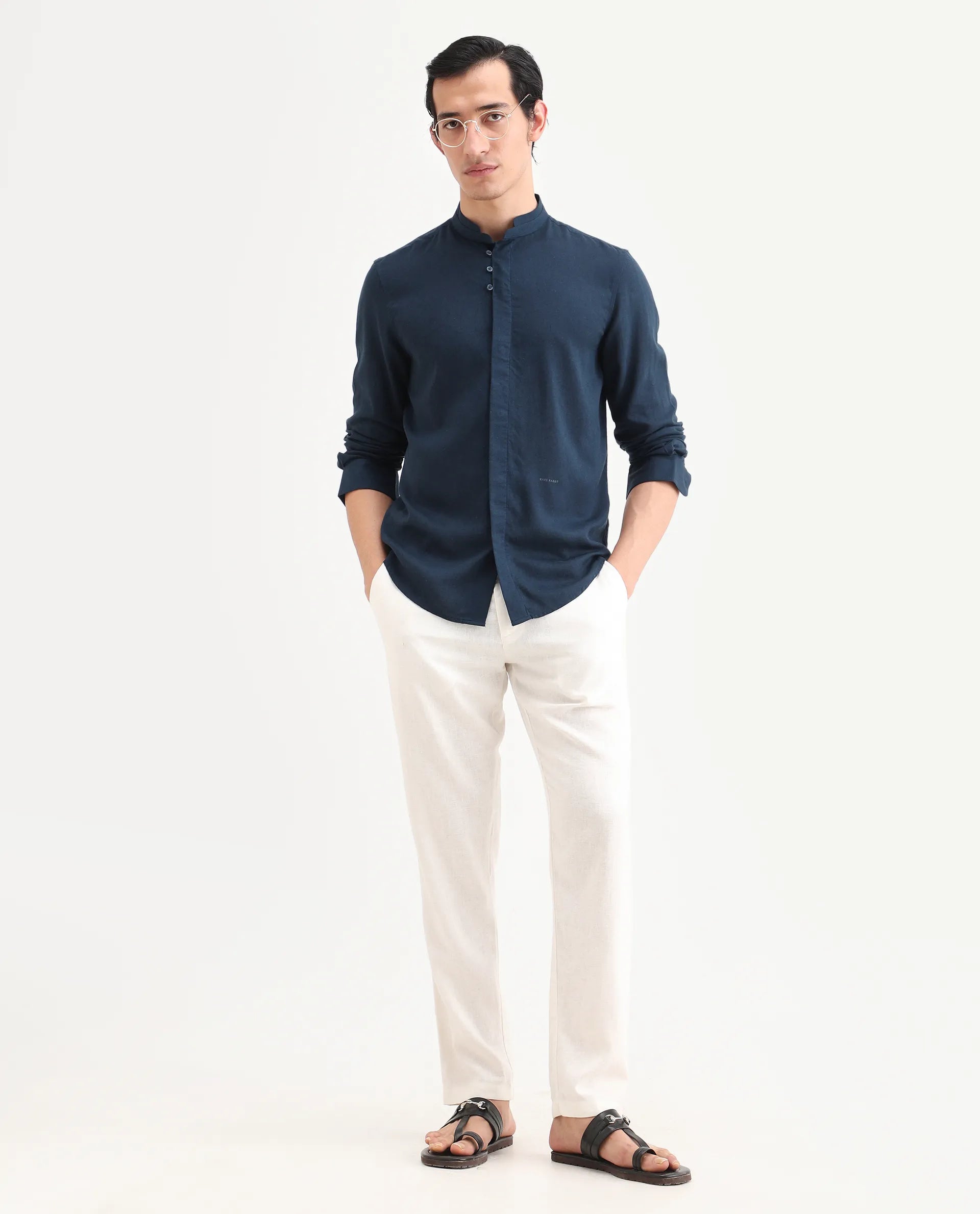 Rare Rabbit Men's Throne-26 Dark Navy Linen Blend Fabric Full Sleeve Mandarin Collar Regular Fit Plain Shirt