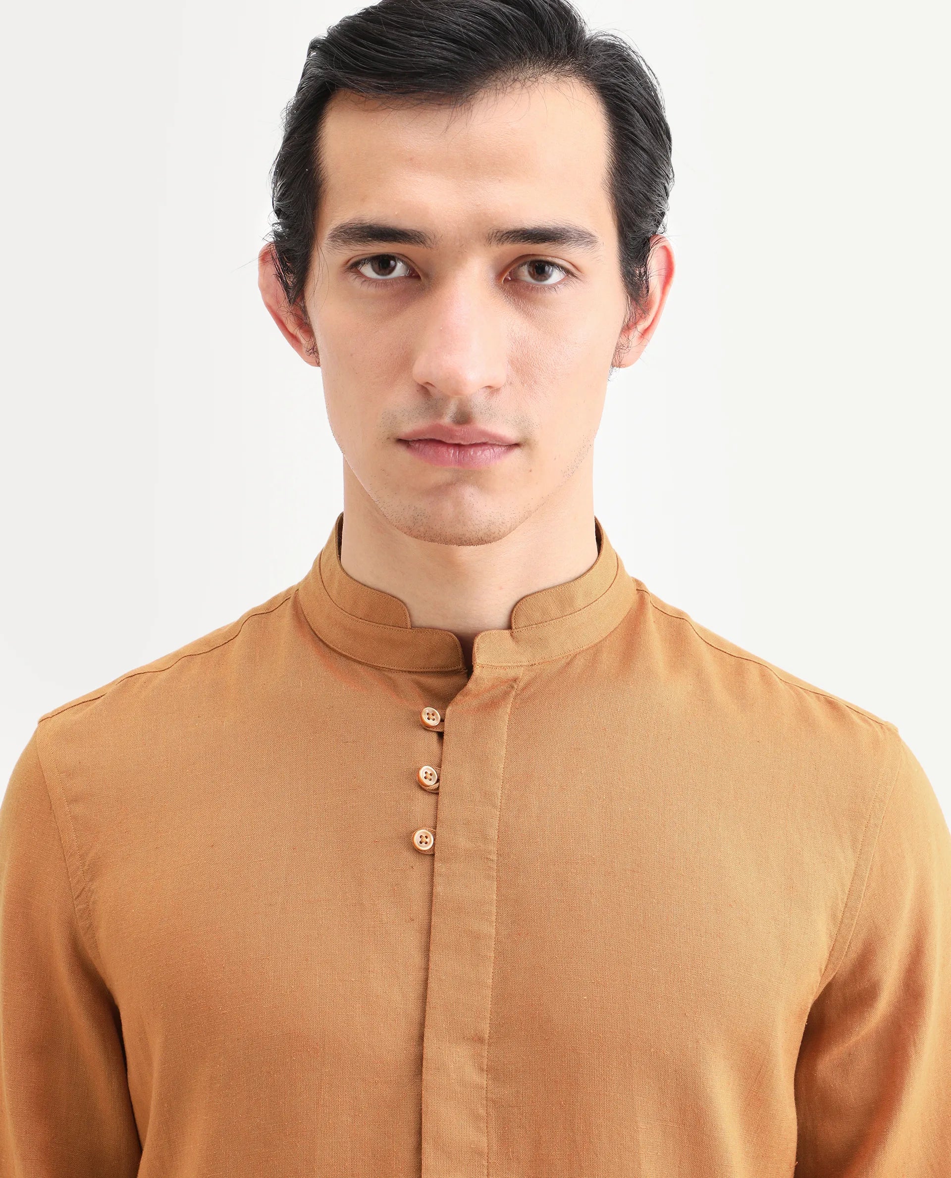 Rare Rabbit Men's Throne-26 Mustard Linen Blend Fabric Full Sleeve Mandarin Collar Regular Fit Plain Shirt
