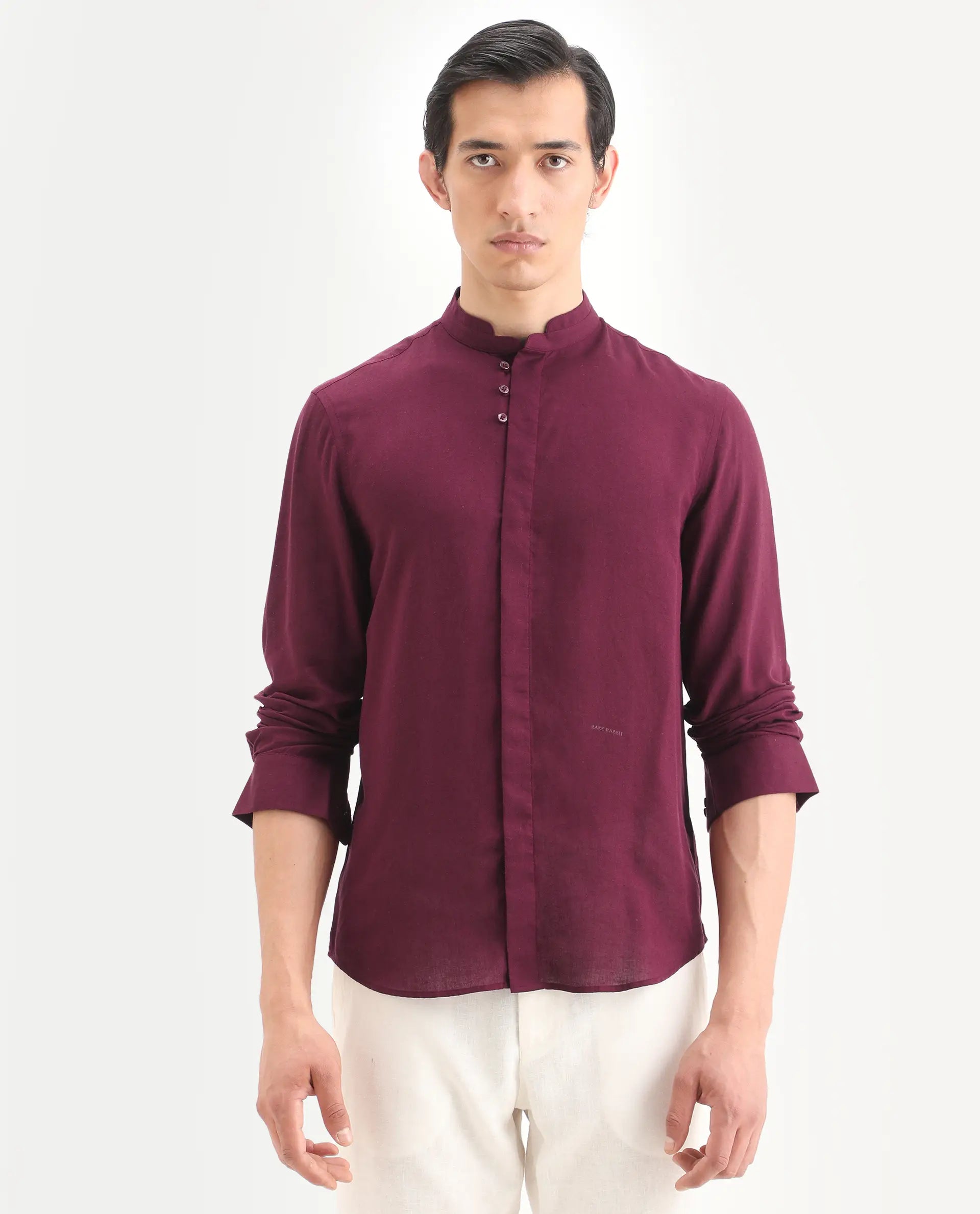 Rare Rabbit Men's Throne-26 Dark Maroon Linen Blend Fabric Full Sleeve Mandarin Collar Regular Fit Plain Shirt