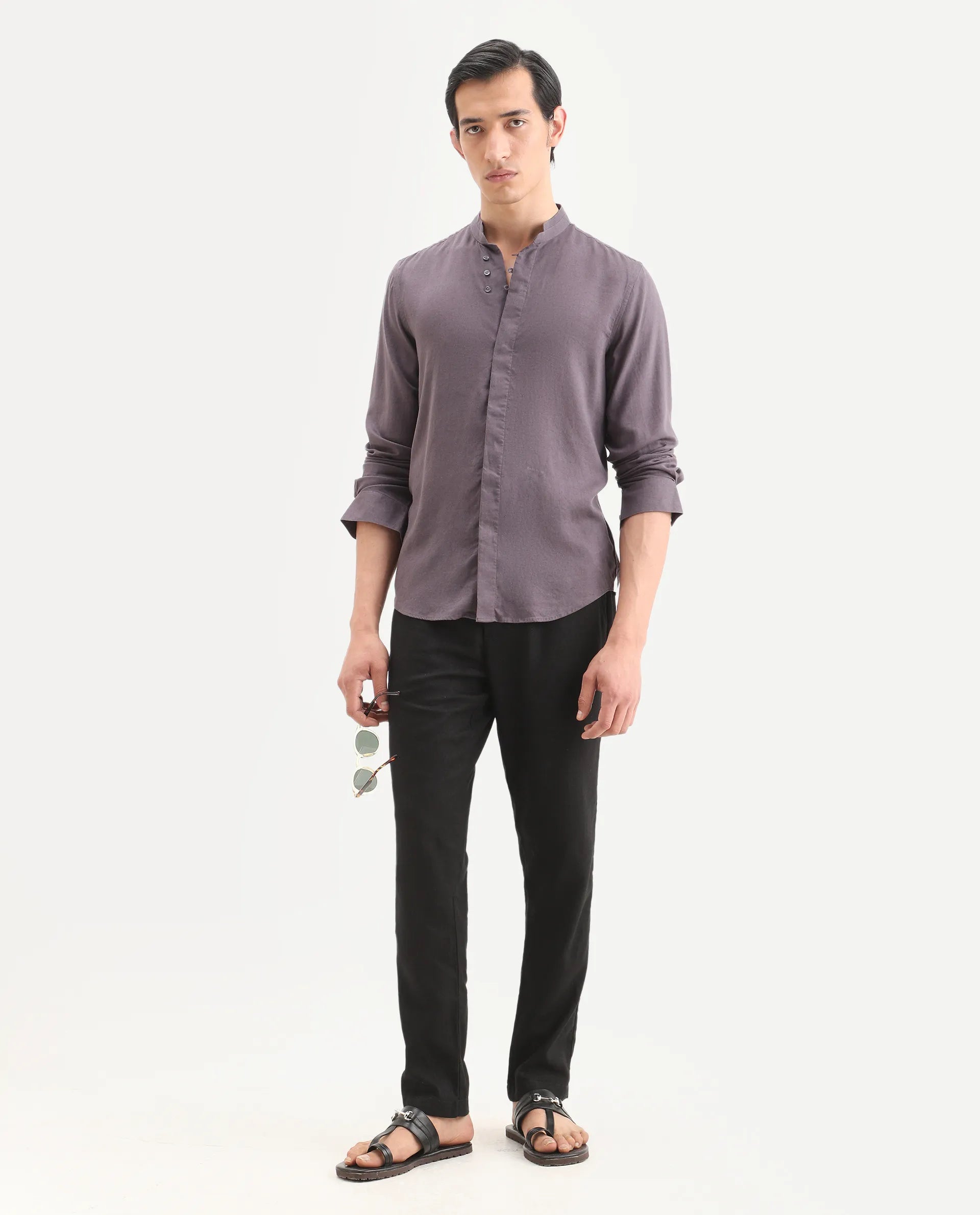 Rare Rabbit Men's Throne-26 Dusky Purple Linen Blend Fabric Full Sleeve Mandarin Collar Regular Fit Plain Shirt