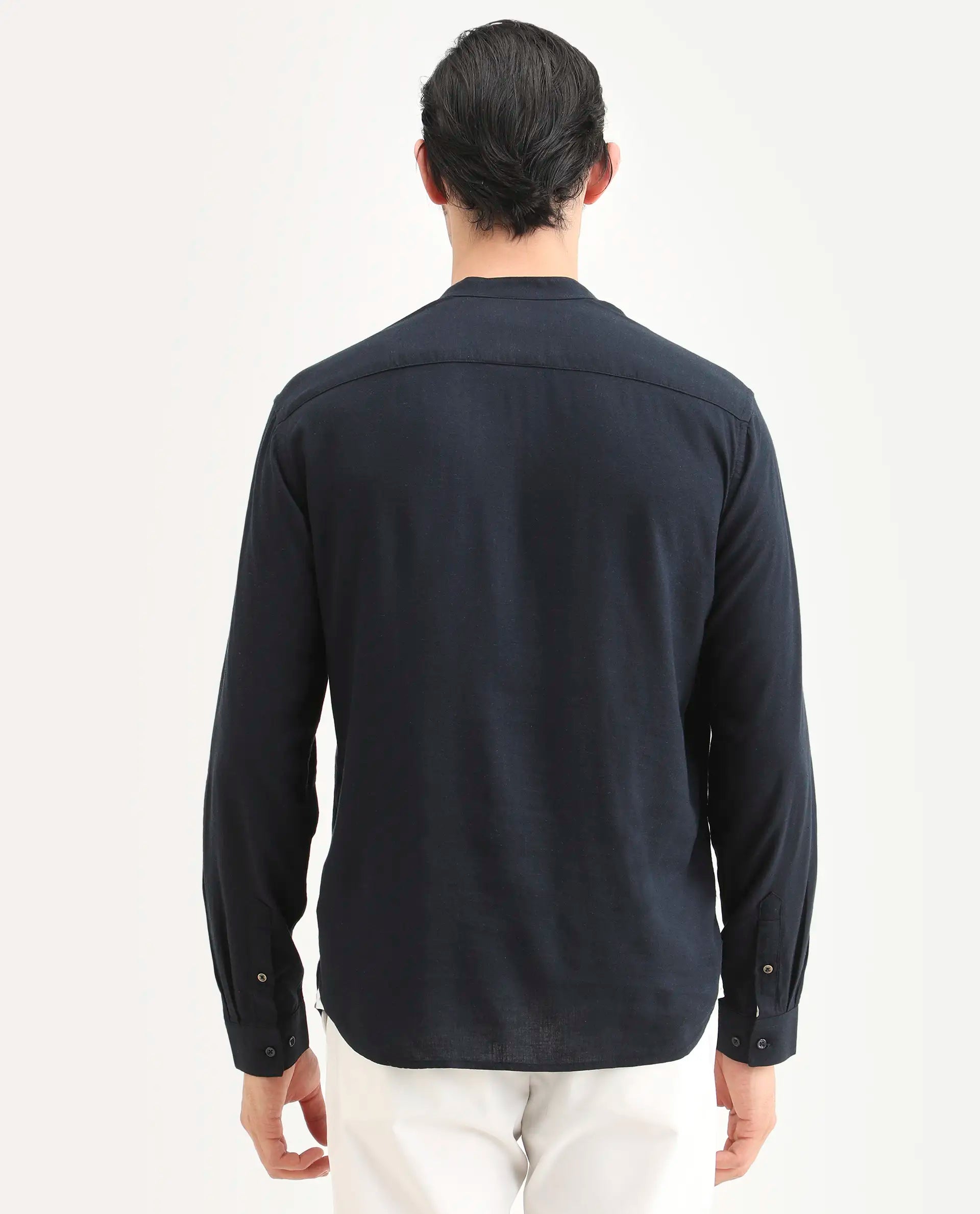 Rare Rabbit Men's Kurto-26 Navy Linen Blend Fabric Full Sleeve Mandarin Collar Regular Fit Plain Shirt