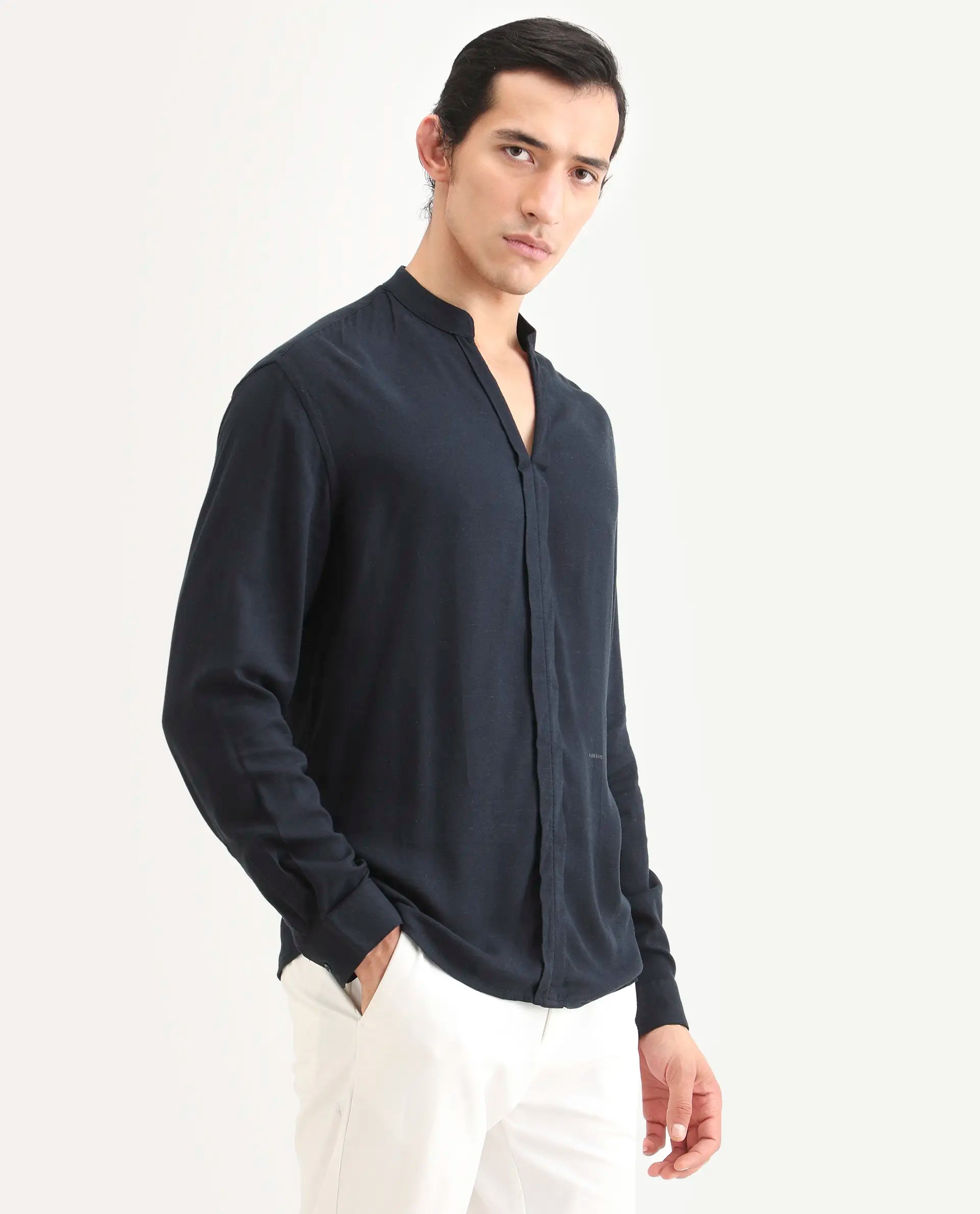 Rare Rabbit Men's Kurto-26 Navy Linen Blend Fabric Full Sleeve Mandarin Collar Regular Fit Plain Shirt