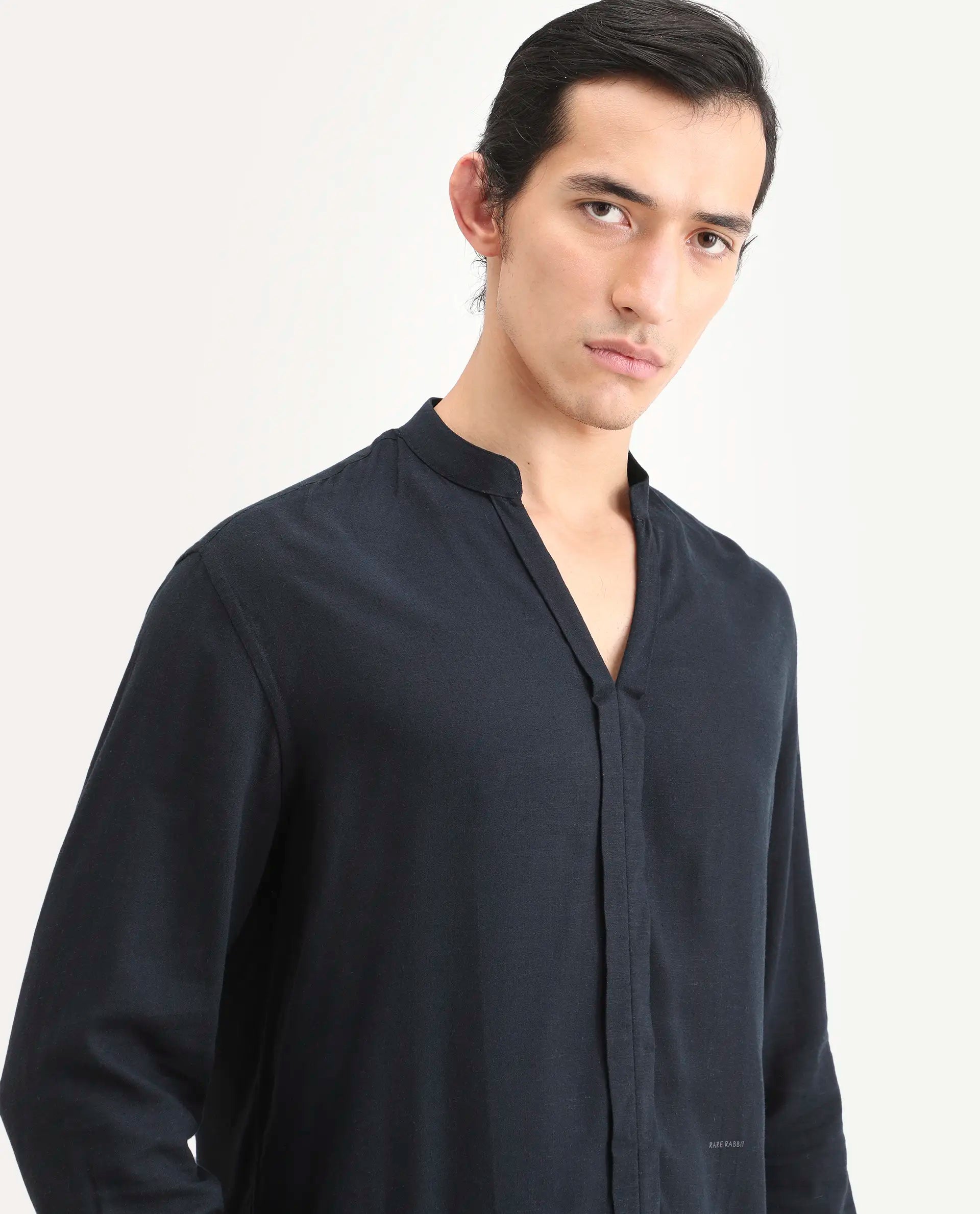 Rare Rabbit Men's Kurto-26 Navy Linen Blend Fabric Full Sleeve Mandarin Collar Regular Fit Plain Shirt