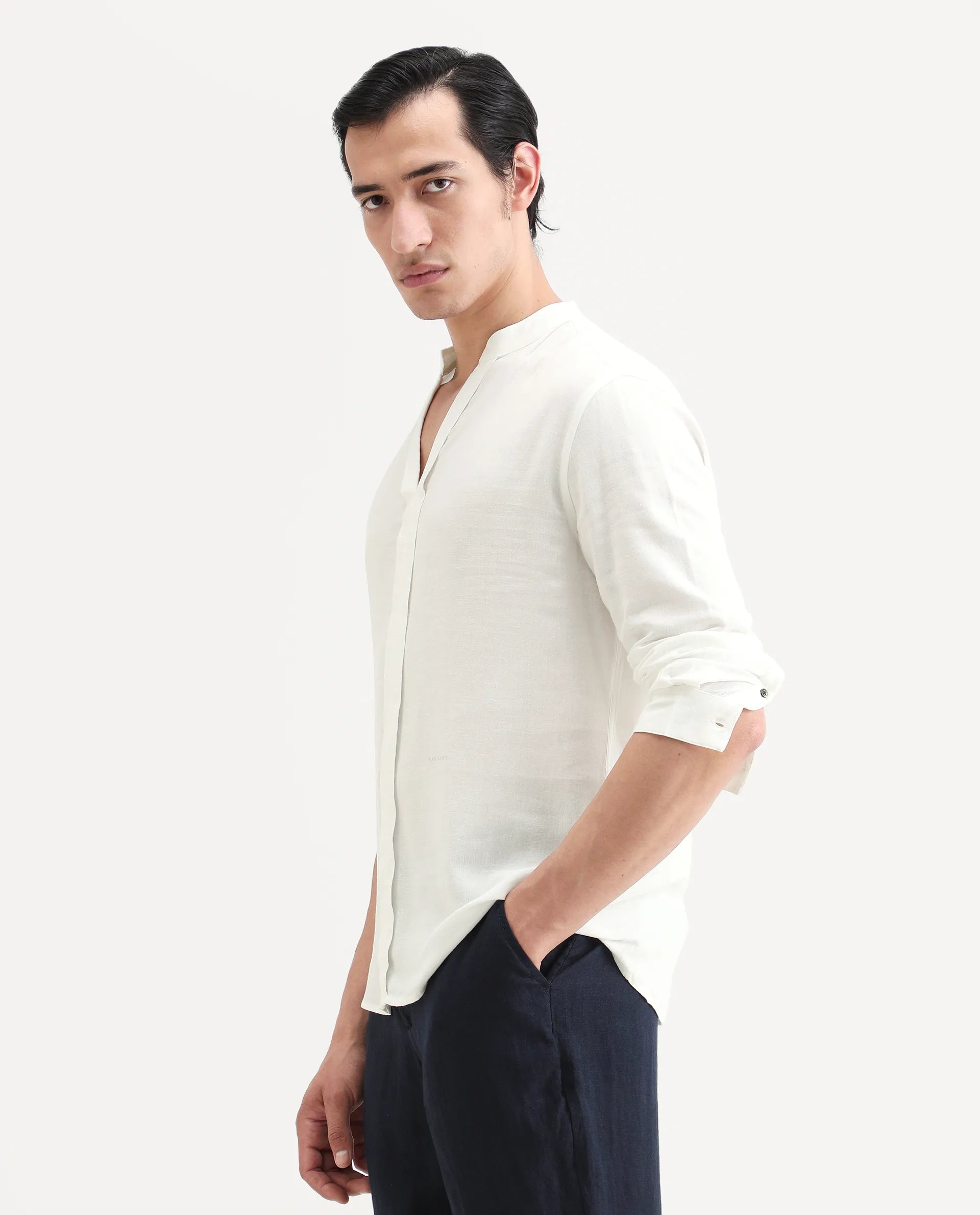 Rare Rabbit Men's Kurto-26 White Linen Blend Fabric Full Sleeve Mandarin Collar Regular Fit Plain Shirt