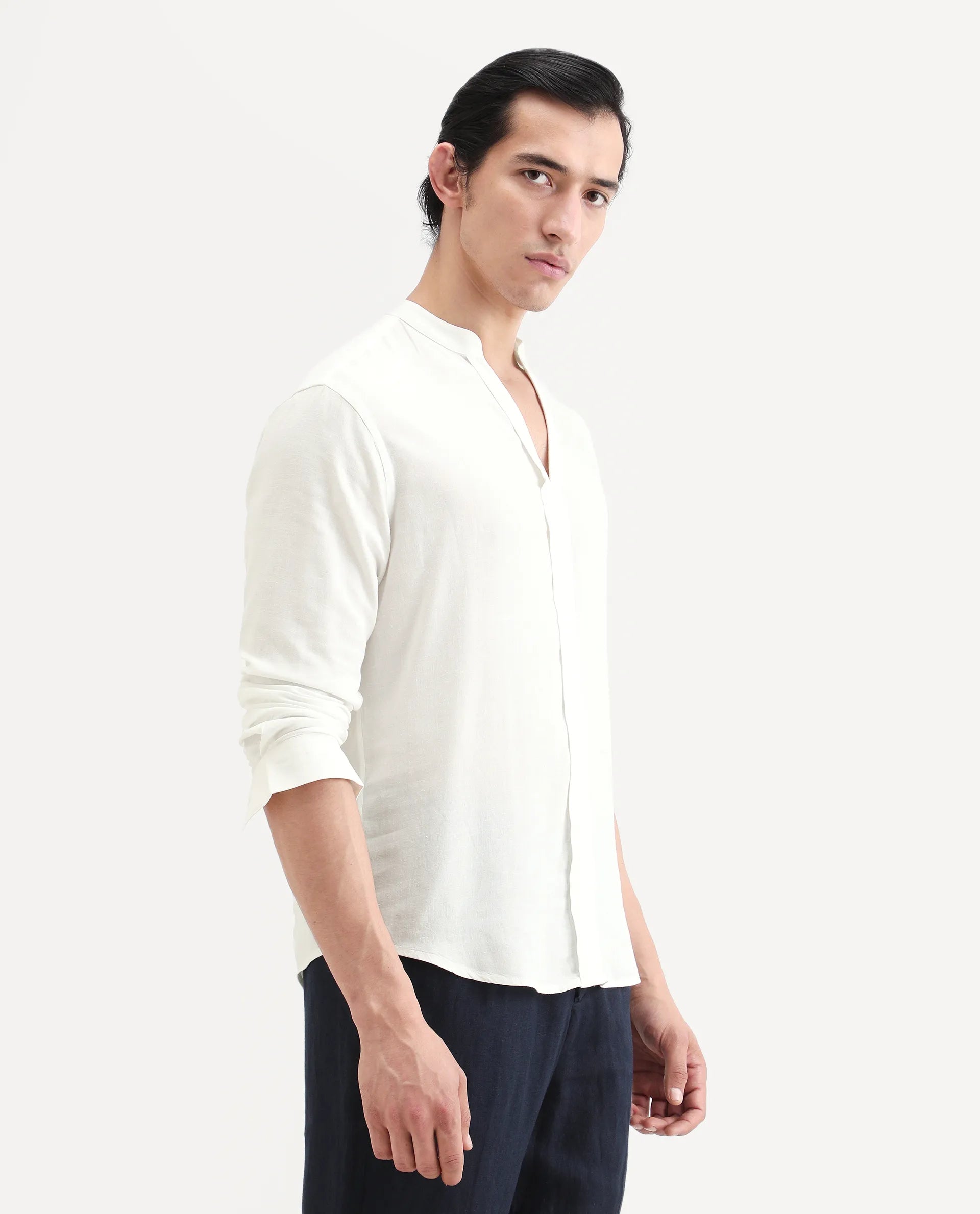 Rare Rabbit Men's Kurto-26 White Linen Blend Fabric Full Sleeve Mandarin Collar Regular Fit Plain Shirt