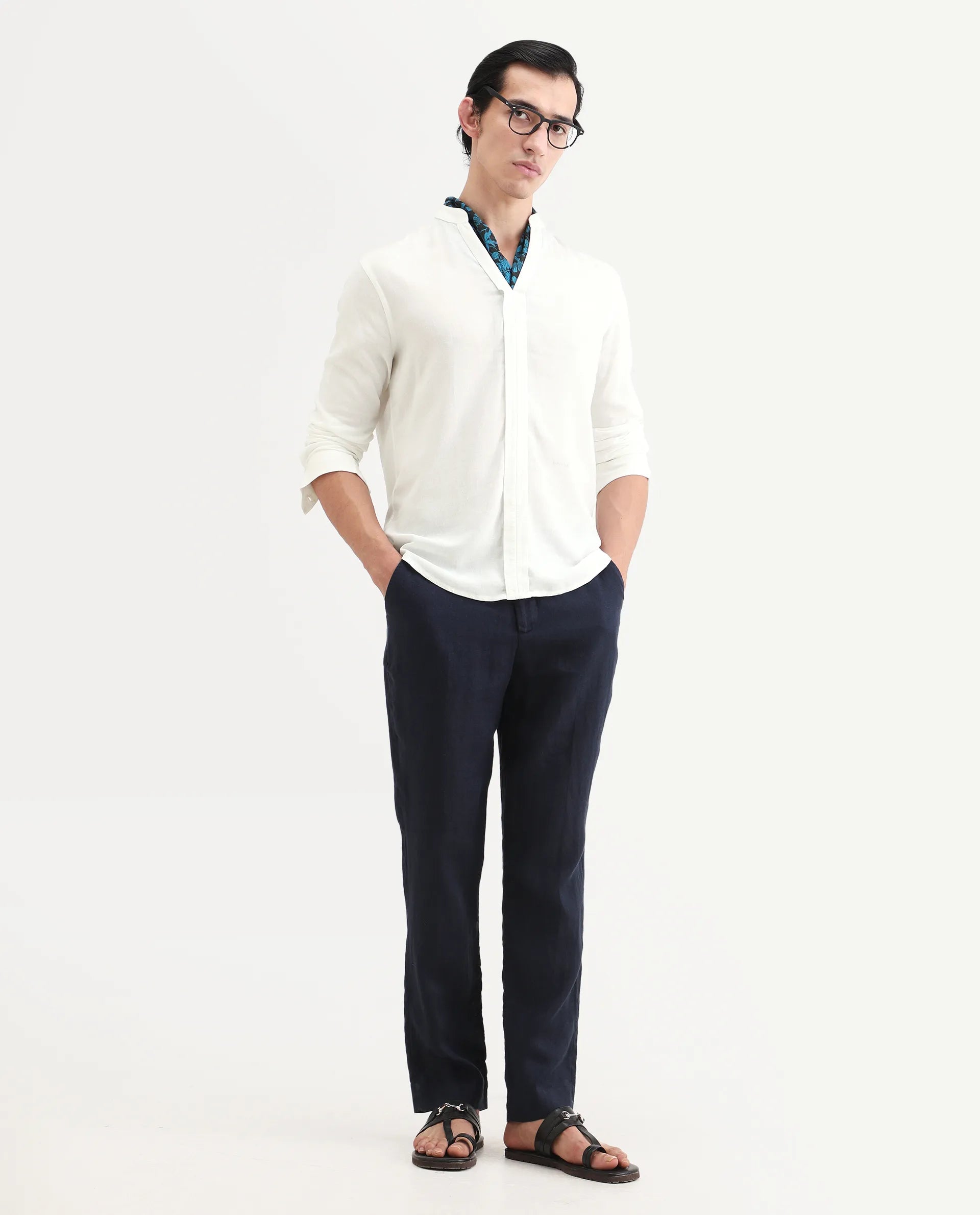 Rare Rabbit Men's Kurto-26 White Linen Blend Fabric Full Sleeve Mandarin Collar Regular Fit Plain Shirt