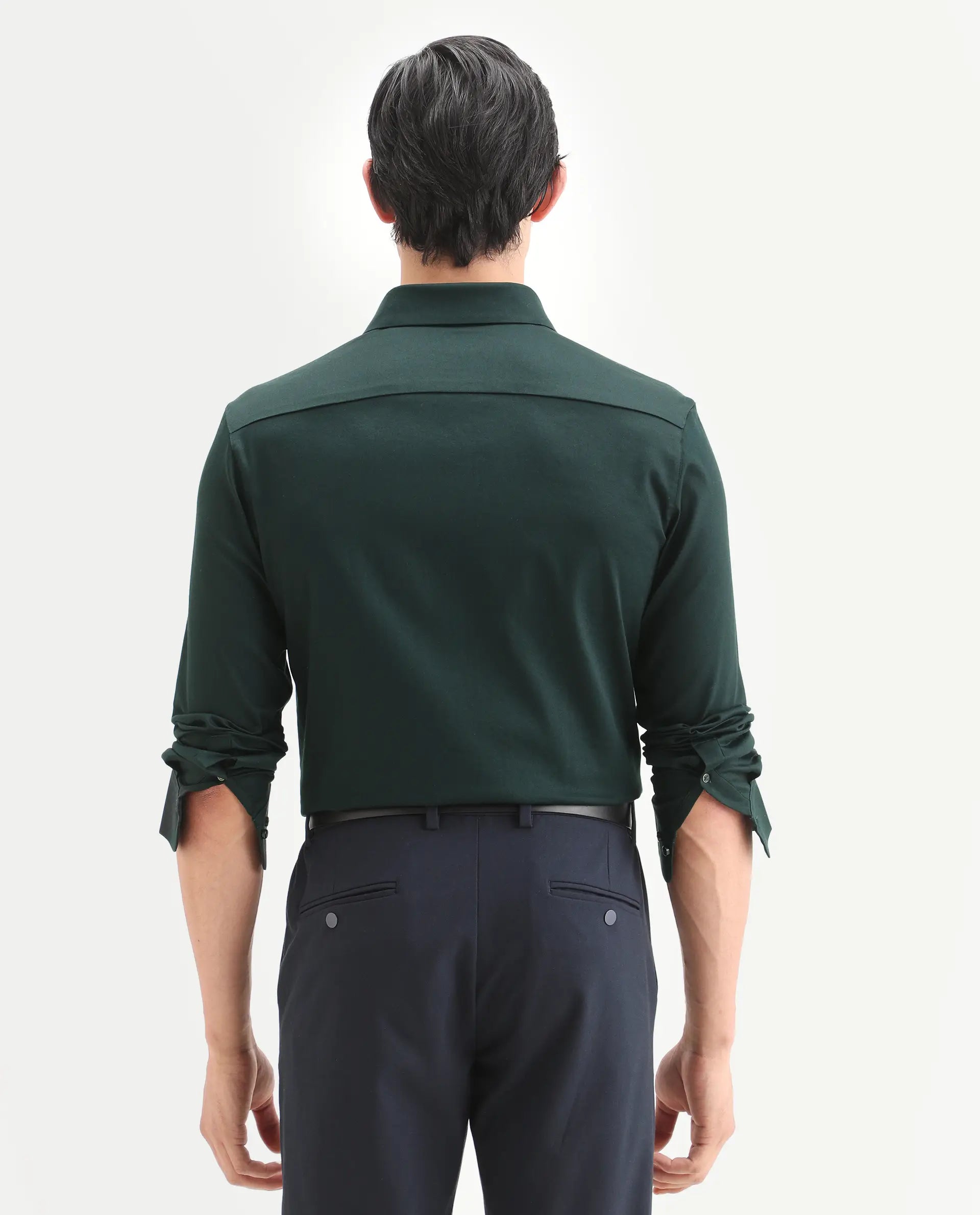 Rare Rabbit Men's Holla-Ss26 Dark Green Cotton Blend Fabric Full Sleeve Spread Collar Regular Fit Plain Shirt