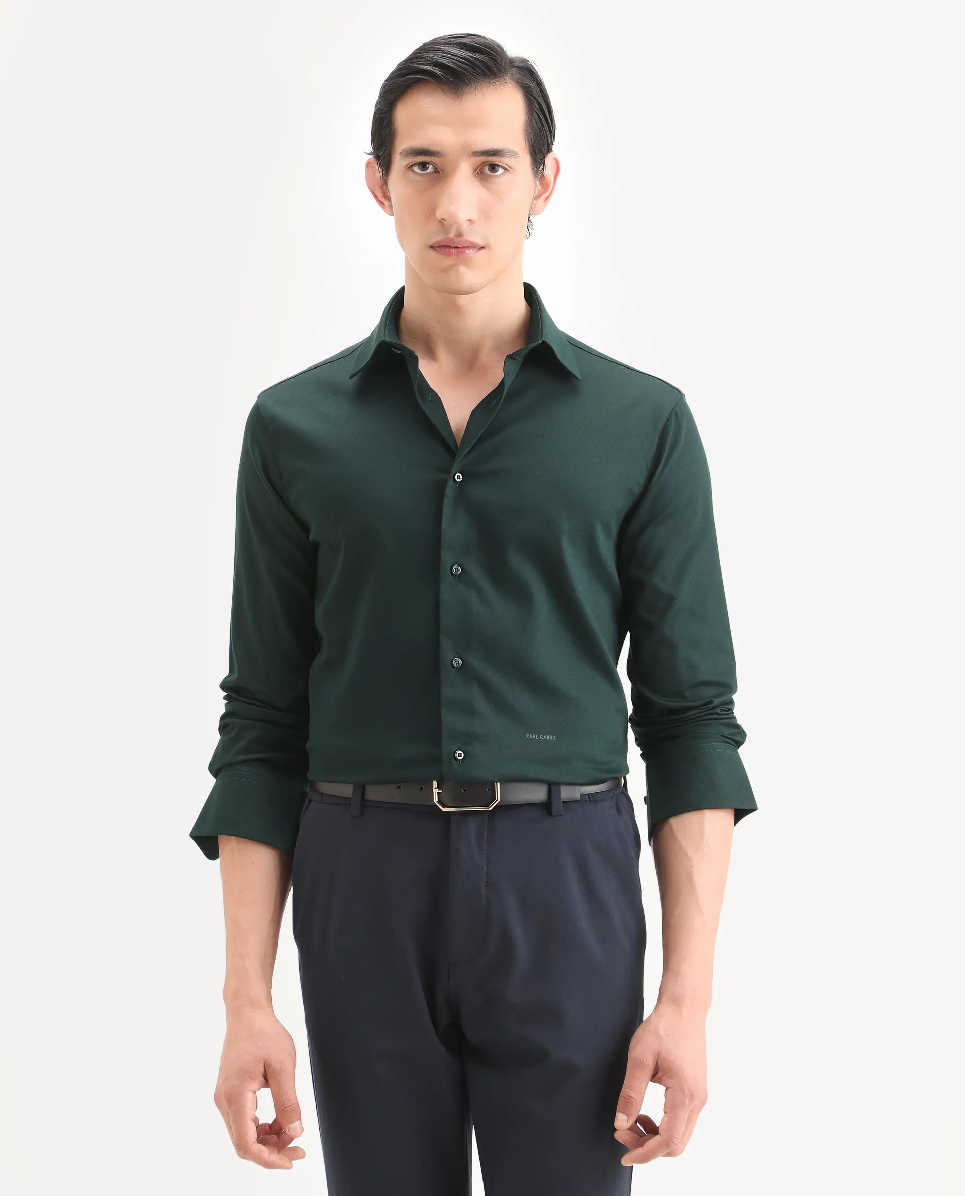Rare Rabbit Men's Holla-Ss26 Dark Green Cotton Blend Fabric Full Sleeve Spread Collar Regular Fit Plain Shirt