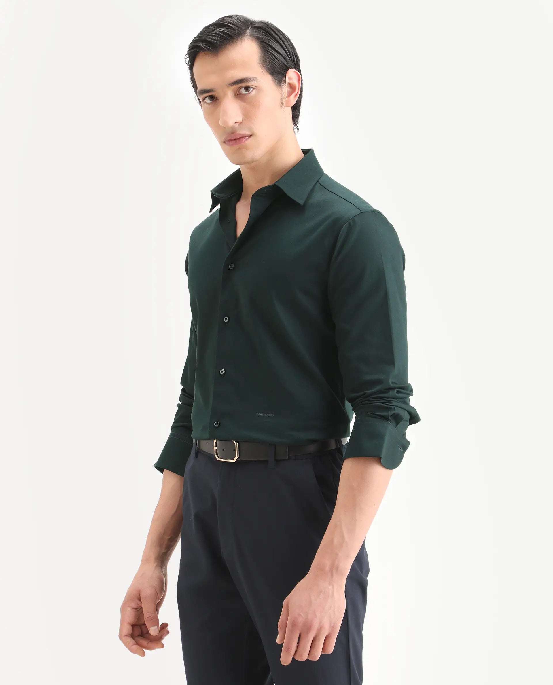 Rare Rabbit Men's Holla-Ss26 Dark Green Cotton Blend Fabric Full Sleeve Spread Collar Regular Fit Plain Shirt