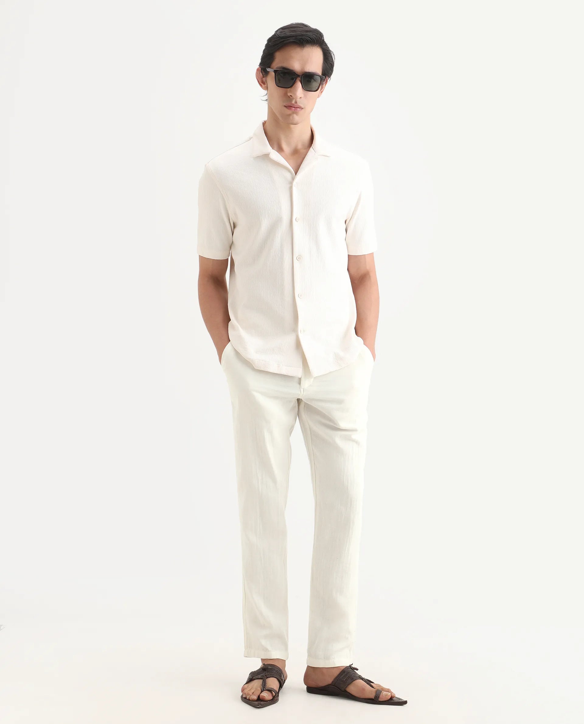 Rare Rabbit Men's Pastor-Ss26 Off White Cotton Fabric Regular Fit Drawstring Plain Trouser