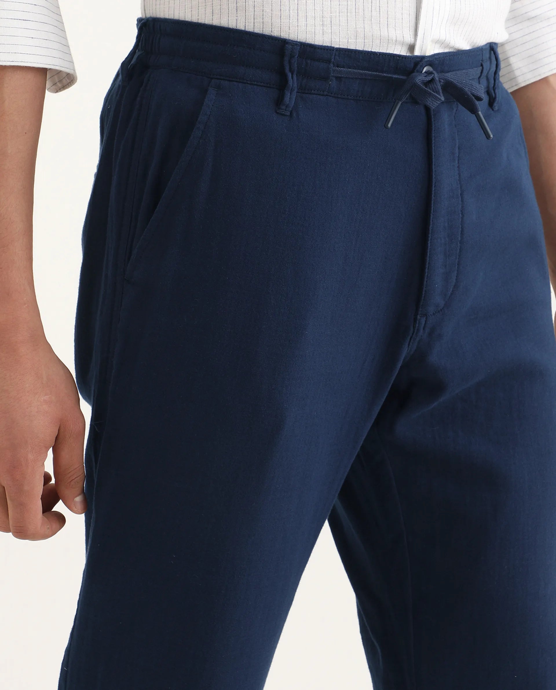 Rare Rabbit Men's Pastor-Ss26 Dark Blue Cotton Fabric Regular Fit Drawstring Plain Trouser