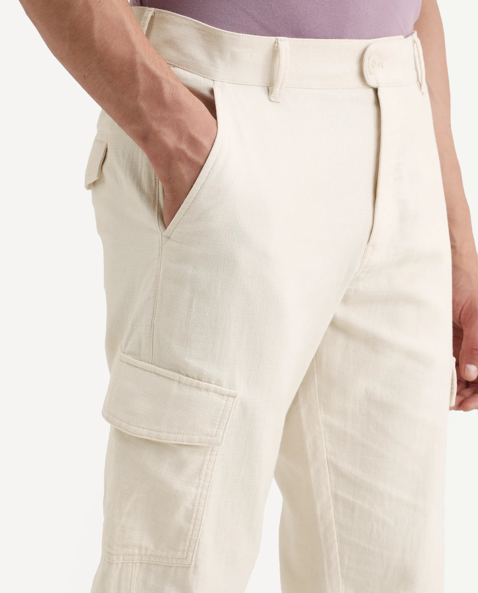 Rare Rabbit Men's Presso-Ss26 Light Beige Cotton Fabric Regular Fit Plain Cargo Trouser