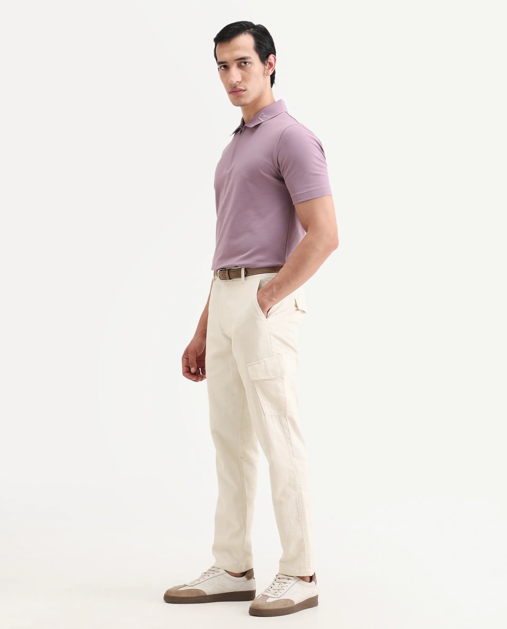 Rare Rabbit Men's Presso-Ss26 Light Beige Cotton Fabric Regular Fit Plain Cargo Trouser