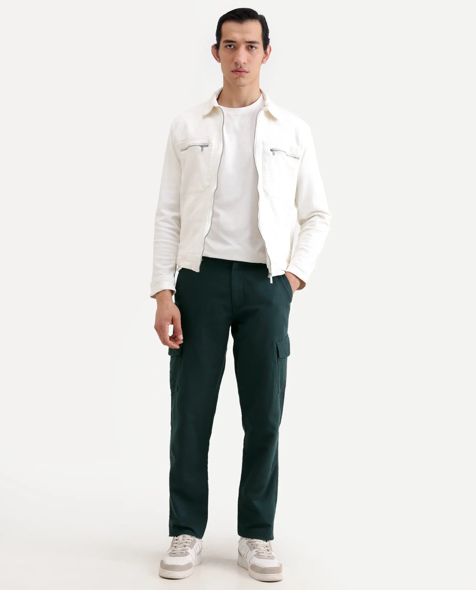 Rare Rabbit Men's Presso-Ss26 Dark Green Cotton Fabric Regular Fit Plain Cargo Trouser