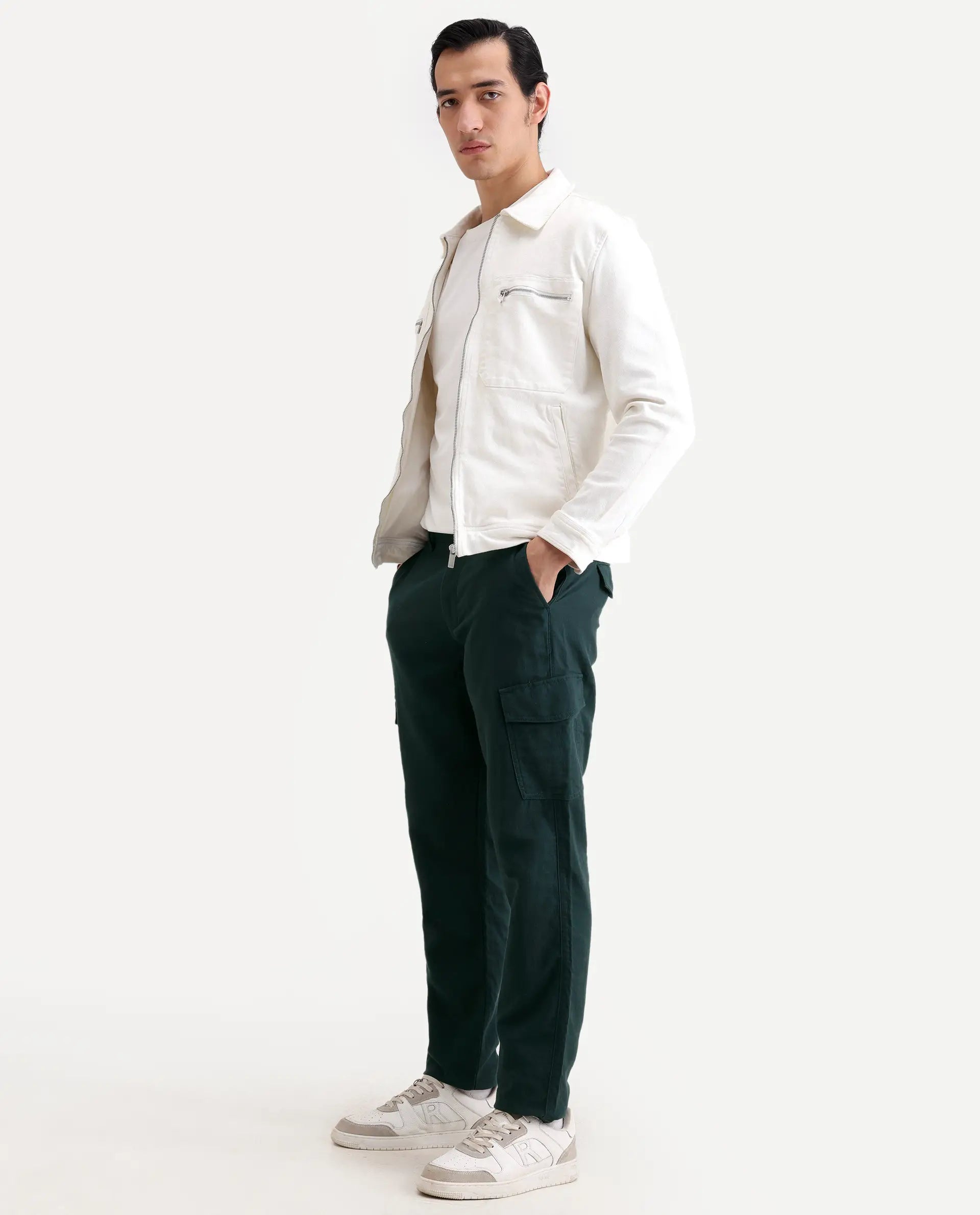 Rare Rabbit Men's Presso-Ss26 Dark Green Cotton Fabric Regular Fit Plain Cargo Trouser