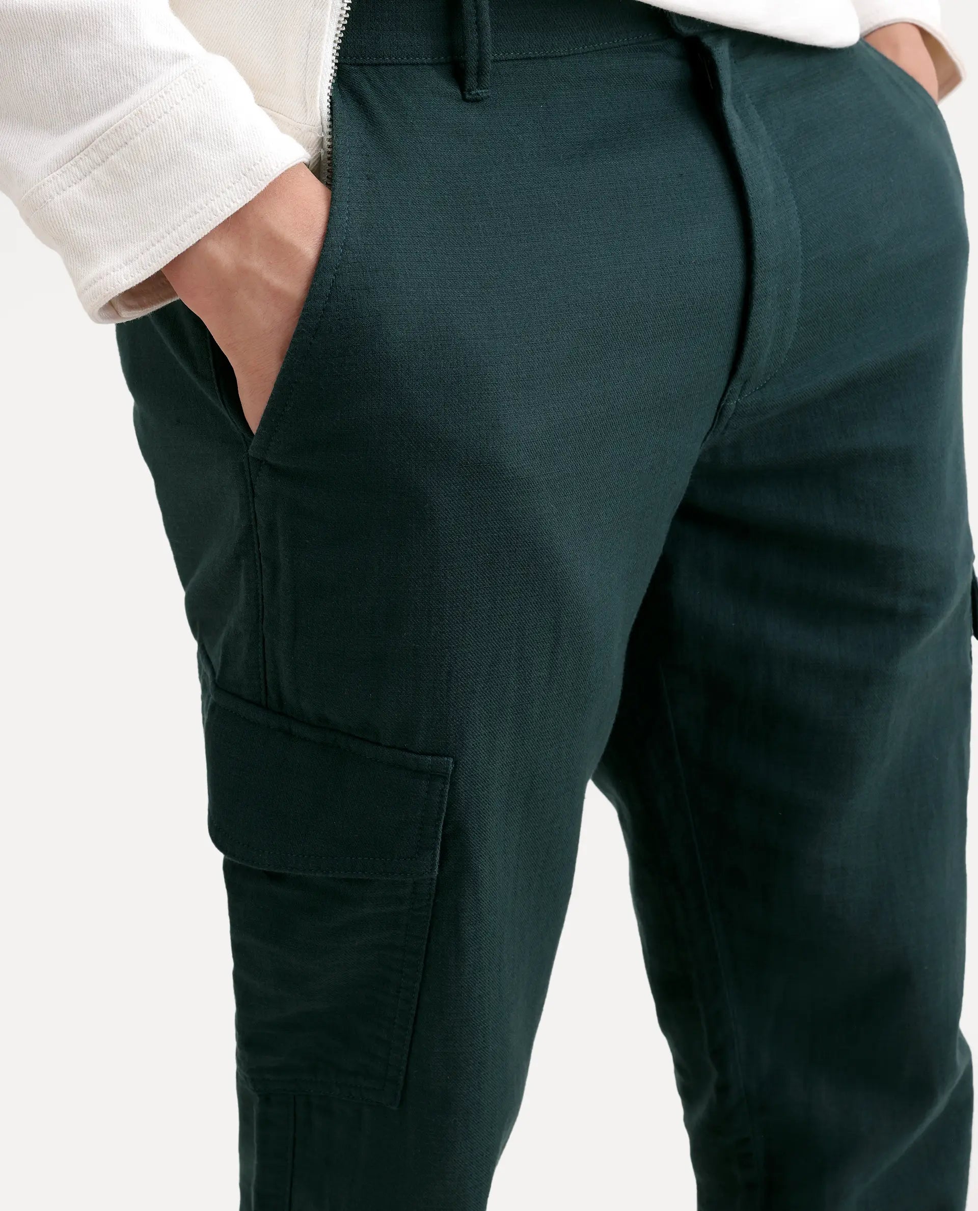 Rare Rabbit Men's Presso-Ss26 Dark Green Cotton Fabric Regular Fit Plain Cargo Trouser