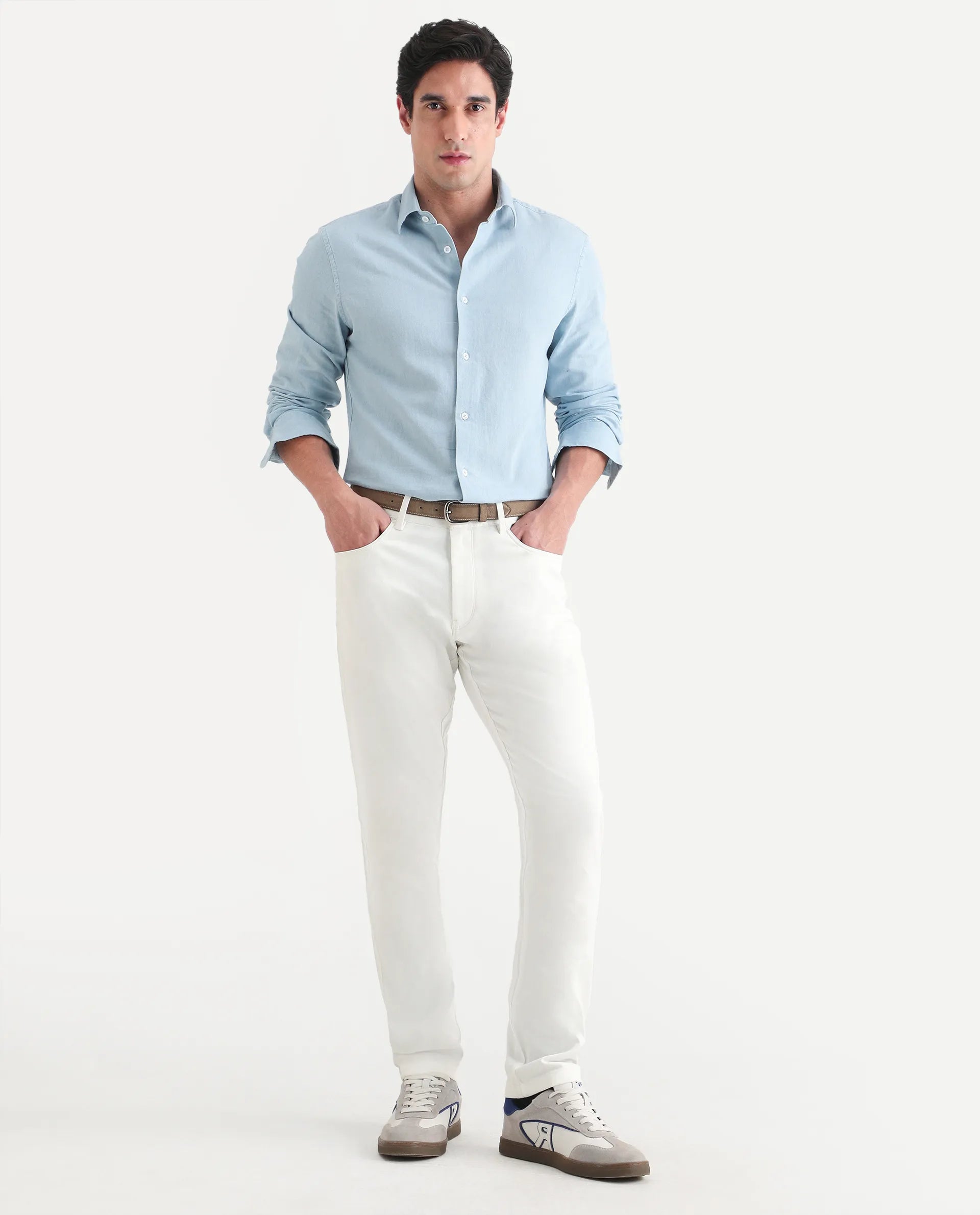 Rare Rabbit Men's Spoke-Ss26 White Cotton Blend Fabric Regular Fit Plain Trouser