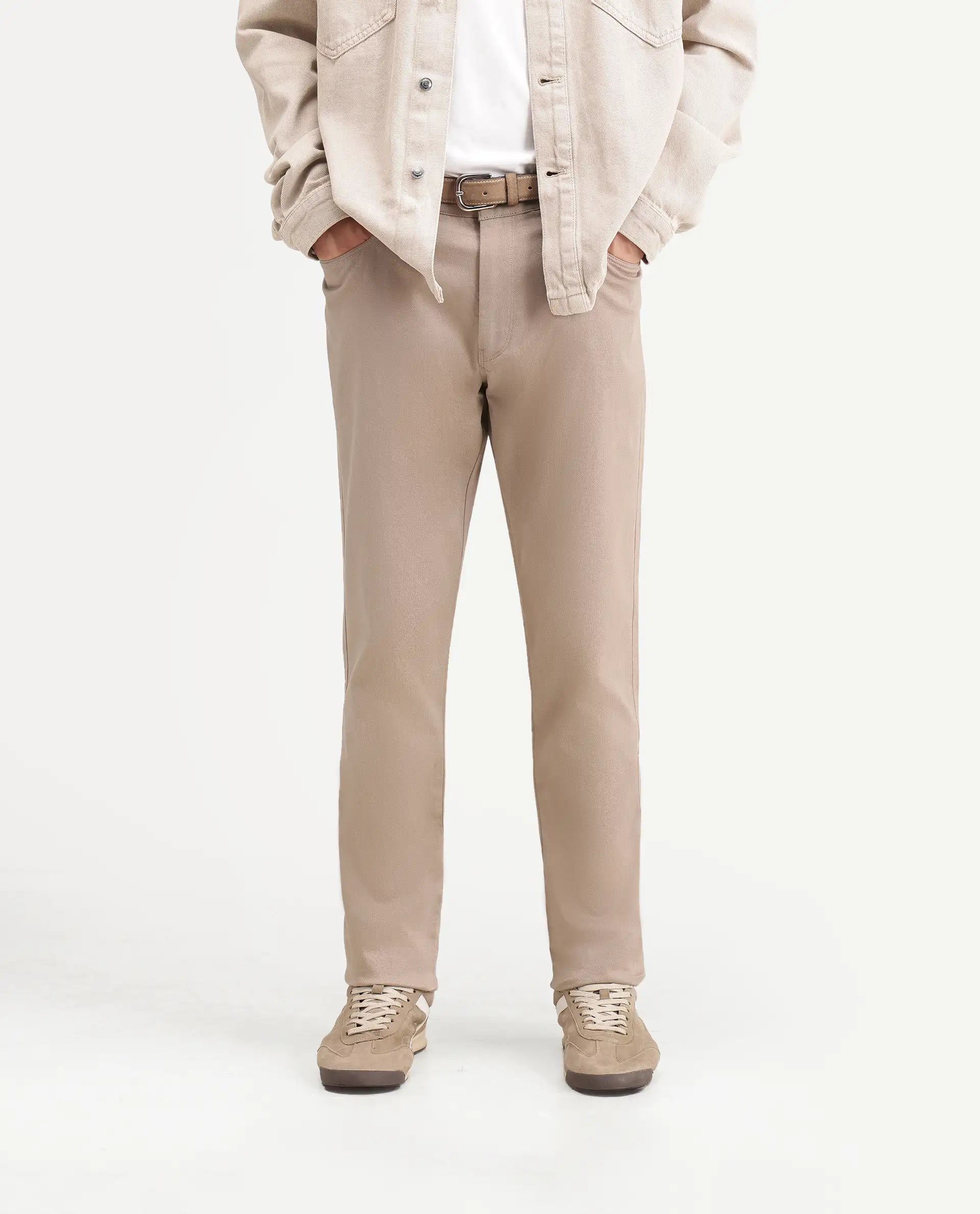 Rare Rabbit Men's Spoke-Ss26 Beige Cotton Blend Fabric Regular Fit Plain Trouser