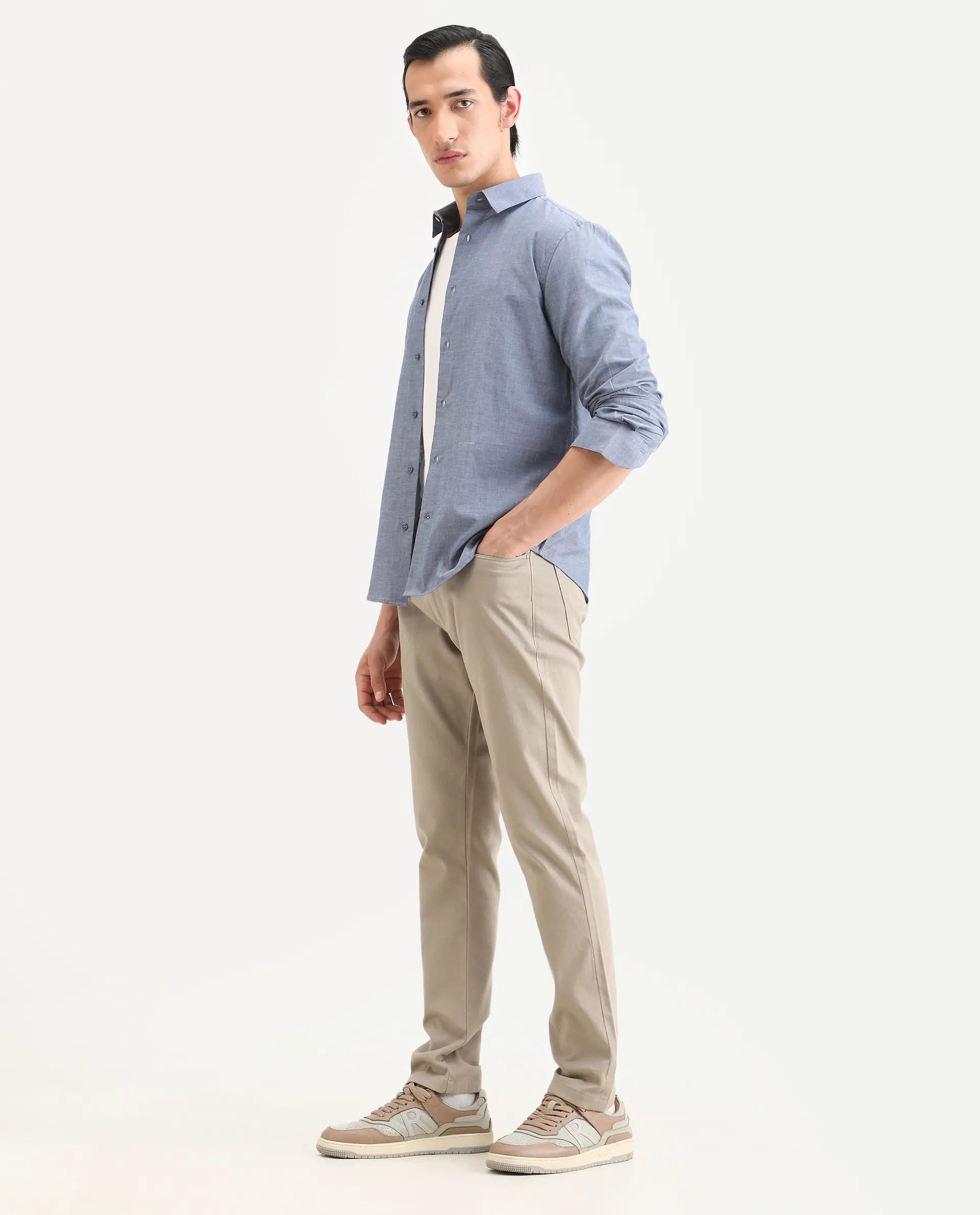 Rare Rabbit Men's Spoke-Ss26 Beige Cotton Blend Fabric Regular Fit Plain Trouser