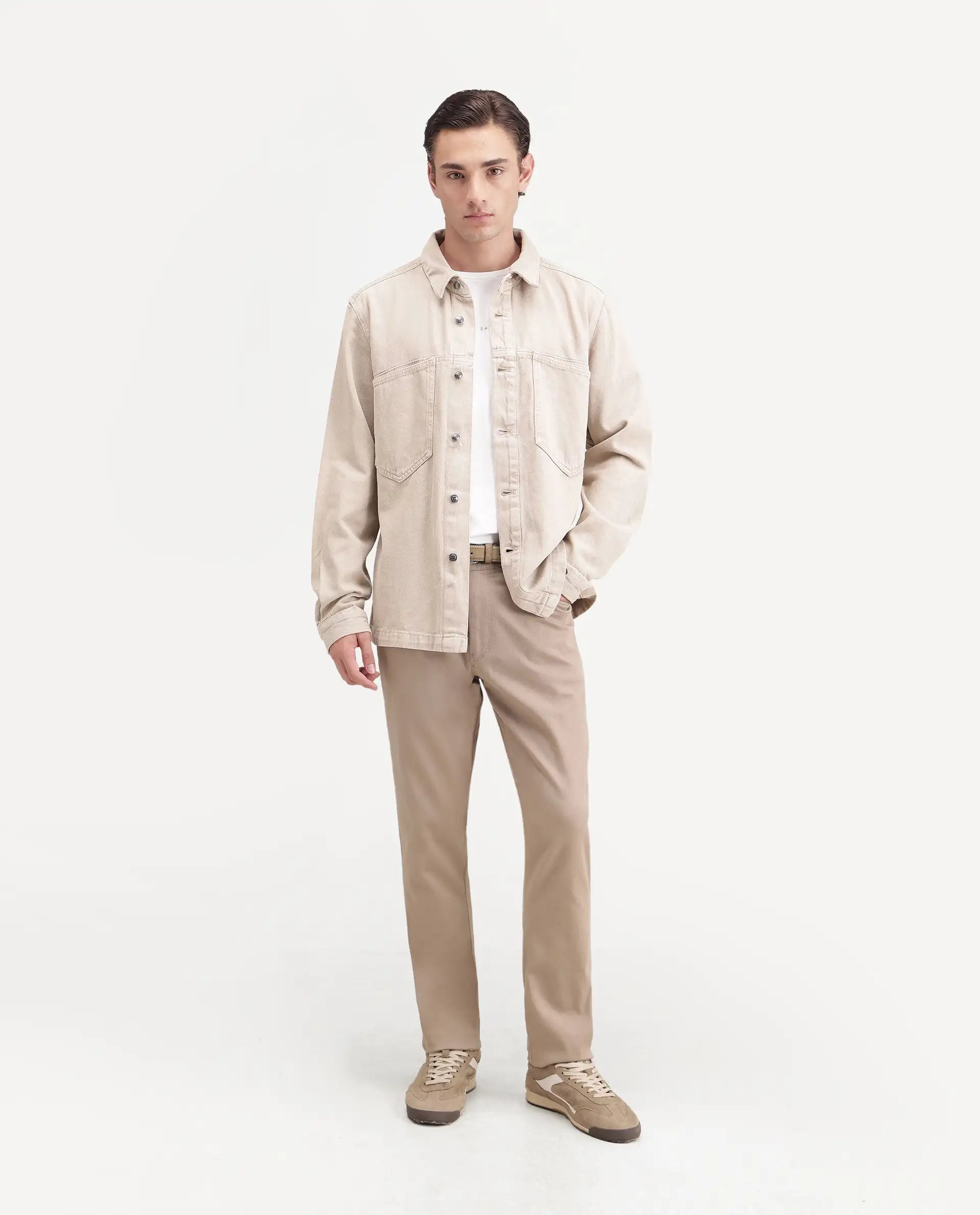 Rare Rabbit Men's Spoke-Ss26 Beige Cotton Blend Fabric Regular Fit Plain Trouser