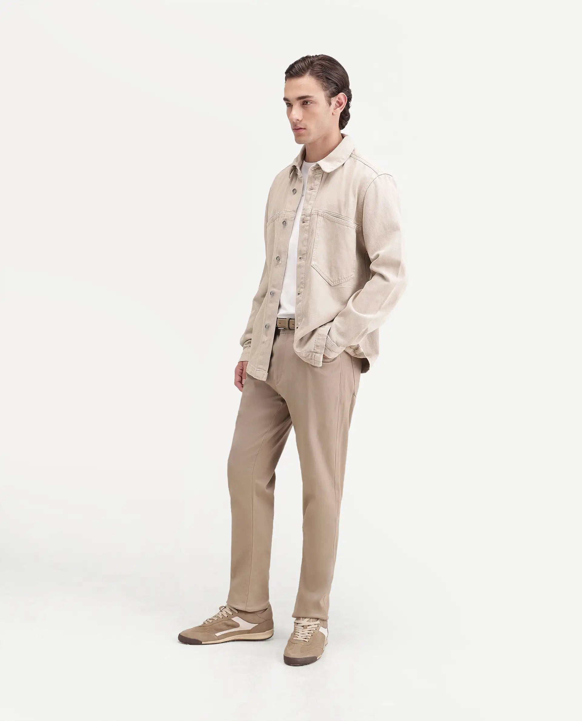Rare Rabbit Men's Spoke-Ss26 Beige Cotton Blend Fabric Regular Fit Plain Trouser