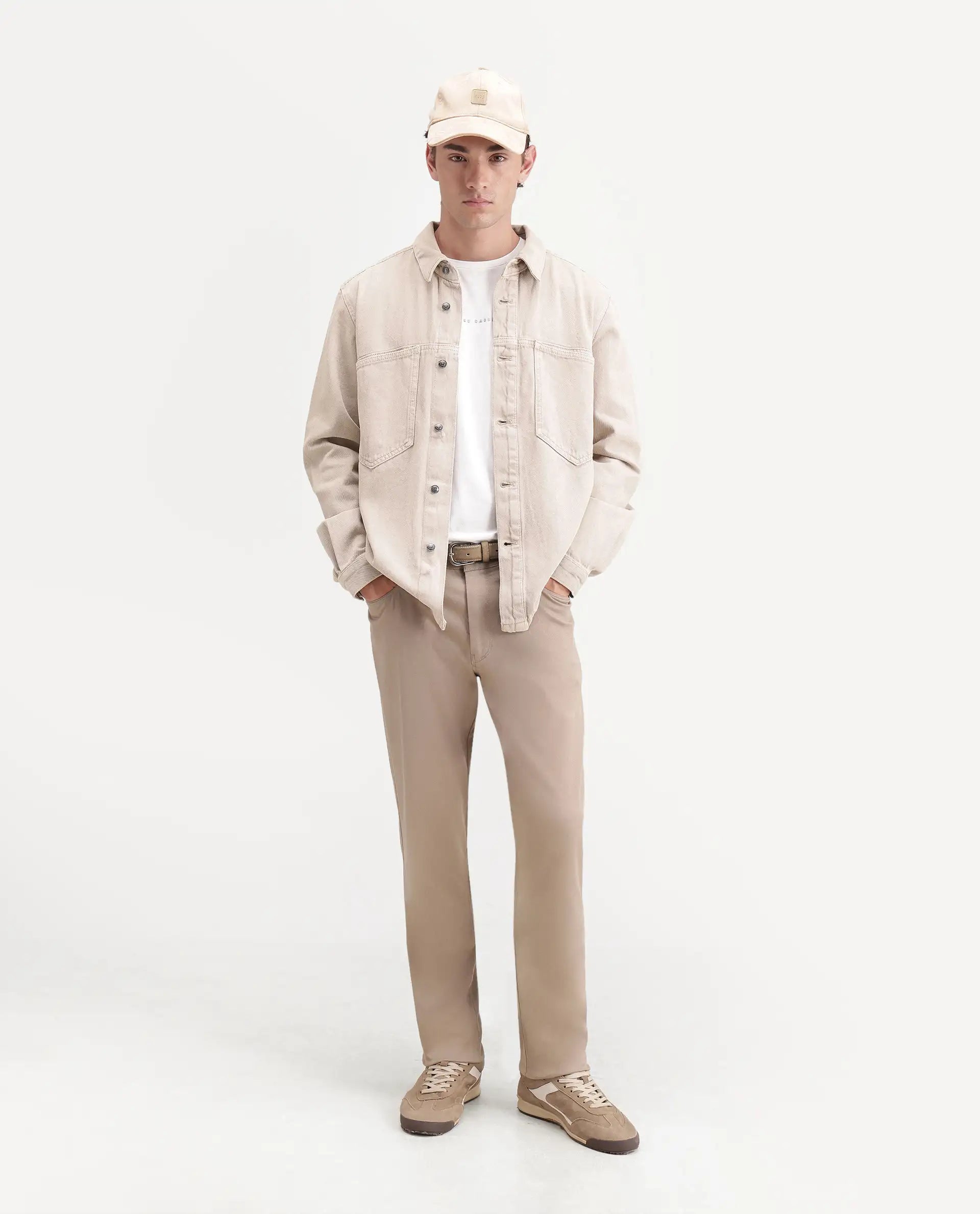 Rare Rabbit Men's Spoke-Ss26 Beige Cotton Blend Fabric Regular Fit Plain Trouser