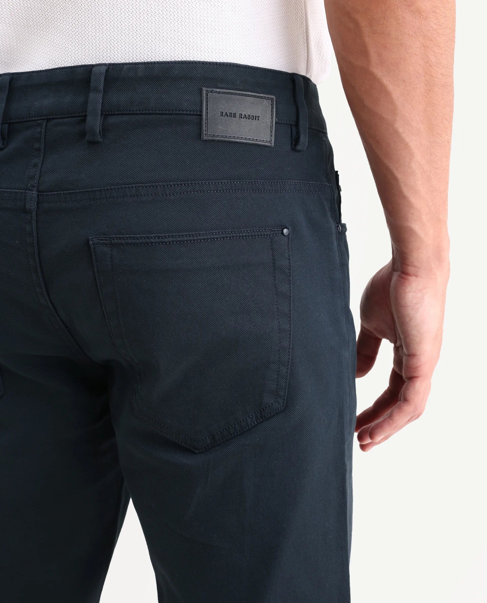 Rare Rabbit Men's Spoke-Ss26 Navy Cotton Blend Fabric Regular Fit Plain Trouser
