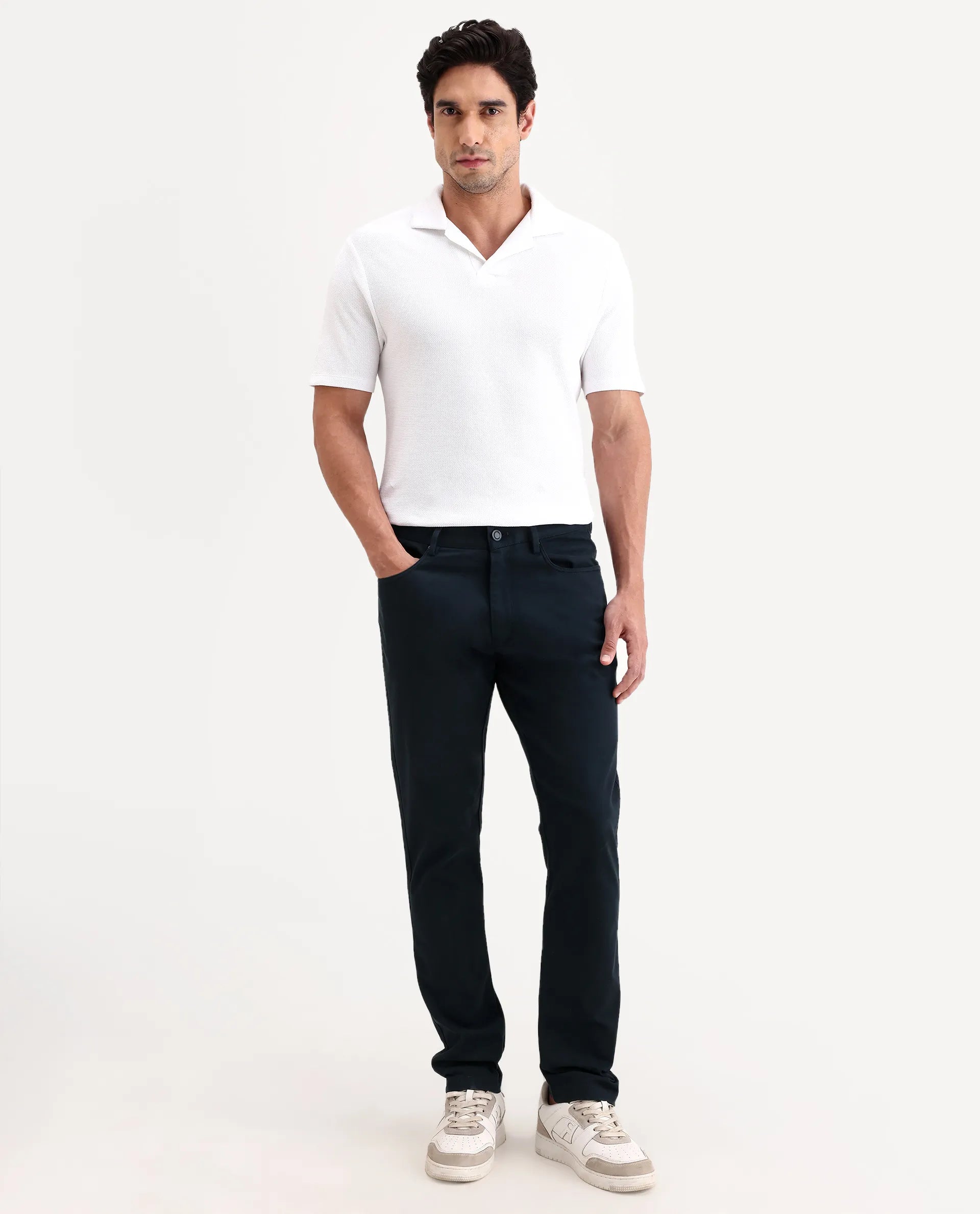 Rare Rabbit Men's Spoke-Ss26 Navy Cotton Blend Fabric Regular Fit Plain Trouser