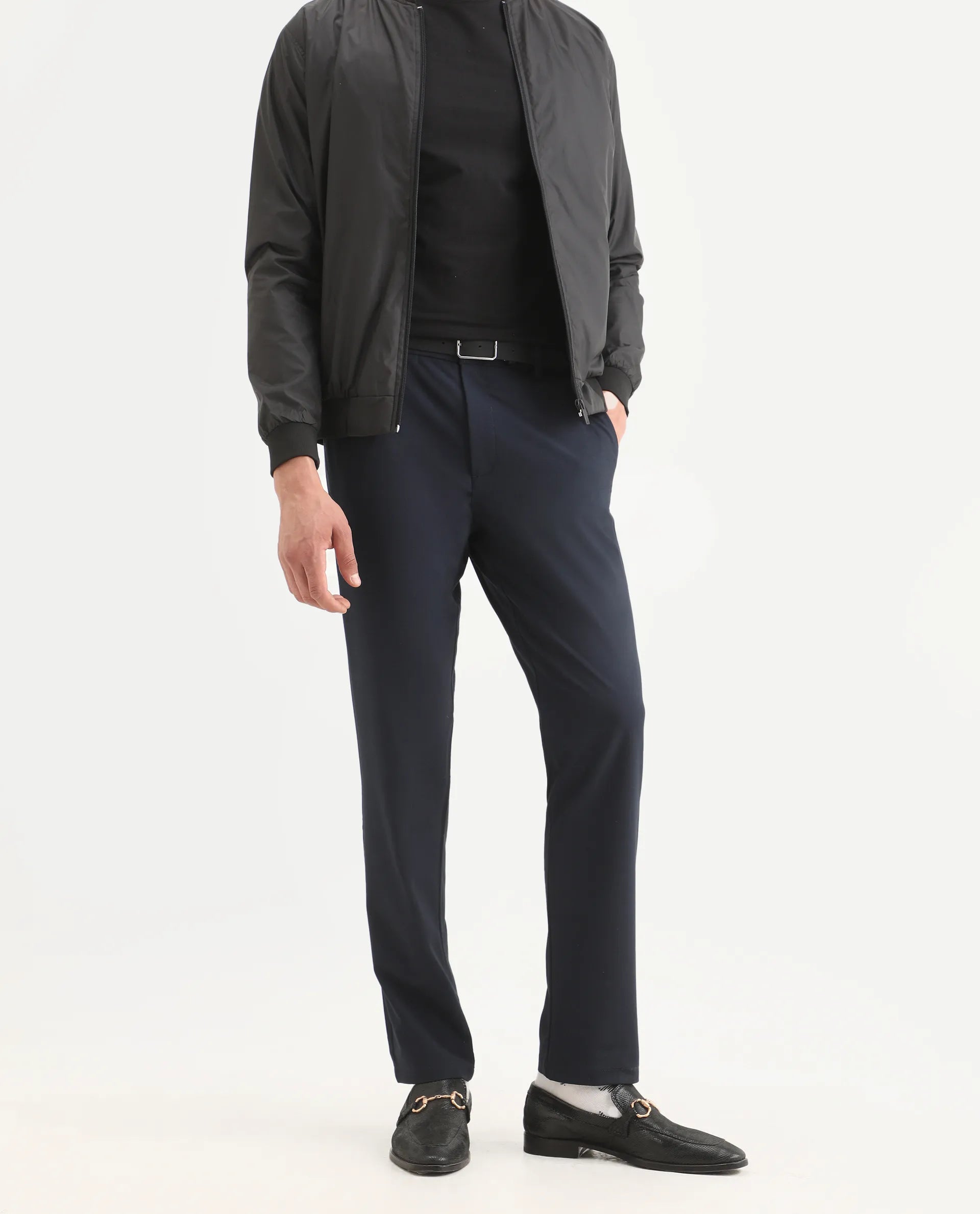 Rare Rabbit Men's Travel-Ss26 Navy Polyester Fabric Button And Zip Closure Closure Plain Trouser