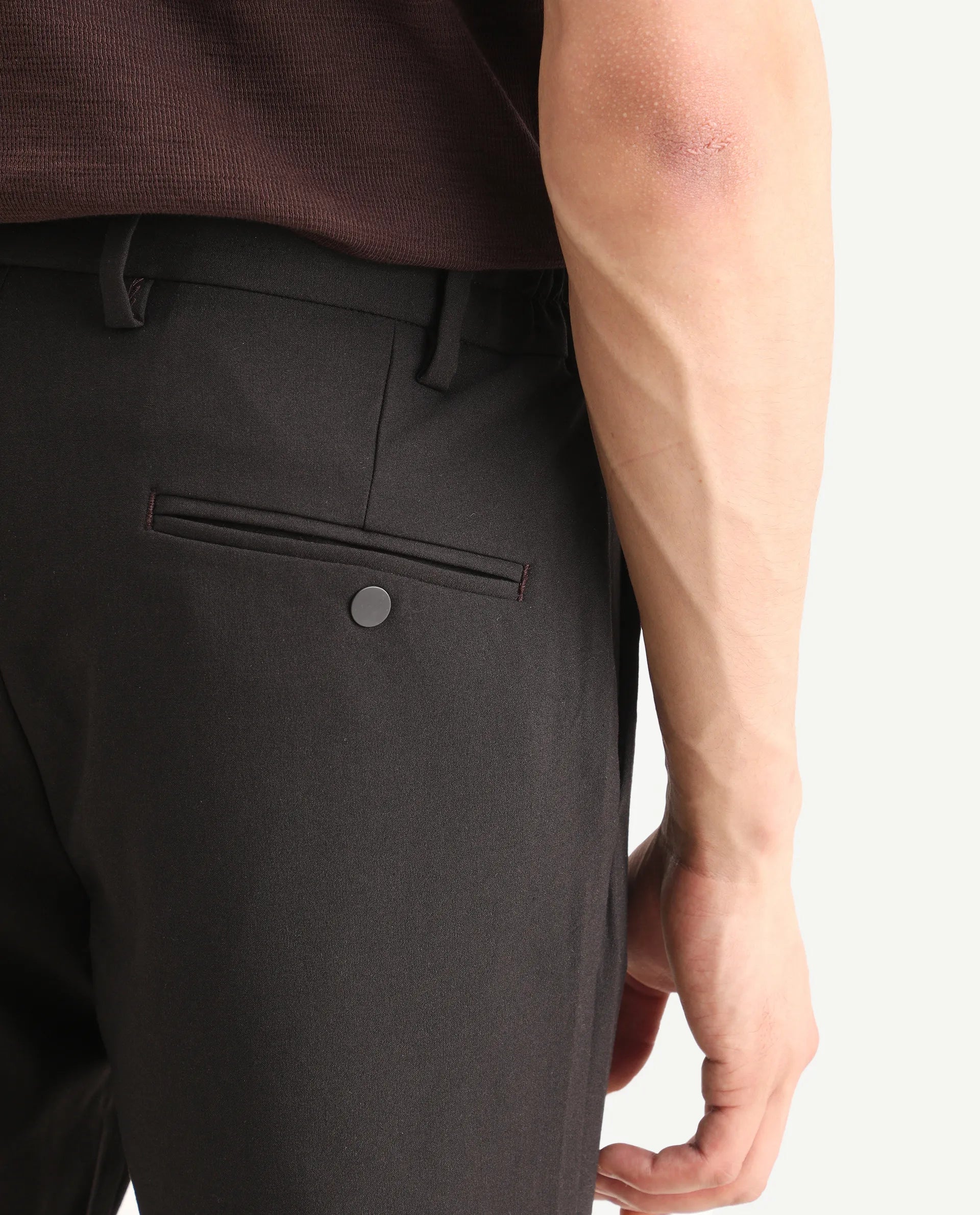 Rare Rabbit Men's Travel-Ss26 Dark Brown Polyester Fabric Button And Zip Closure Closure Plain Trouser