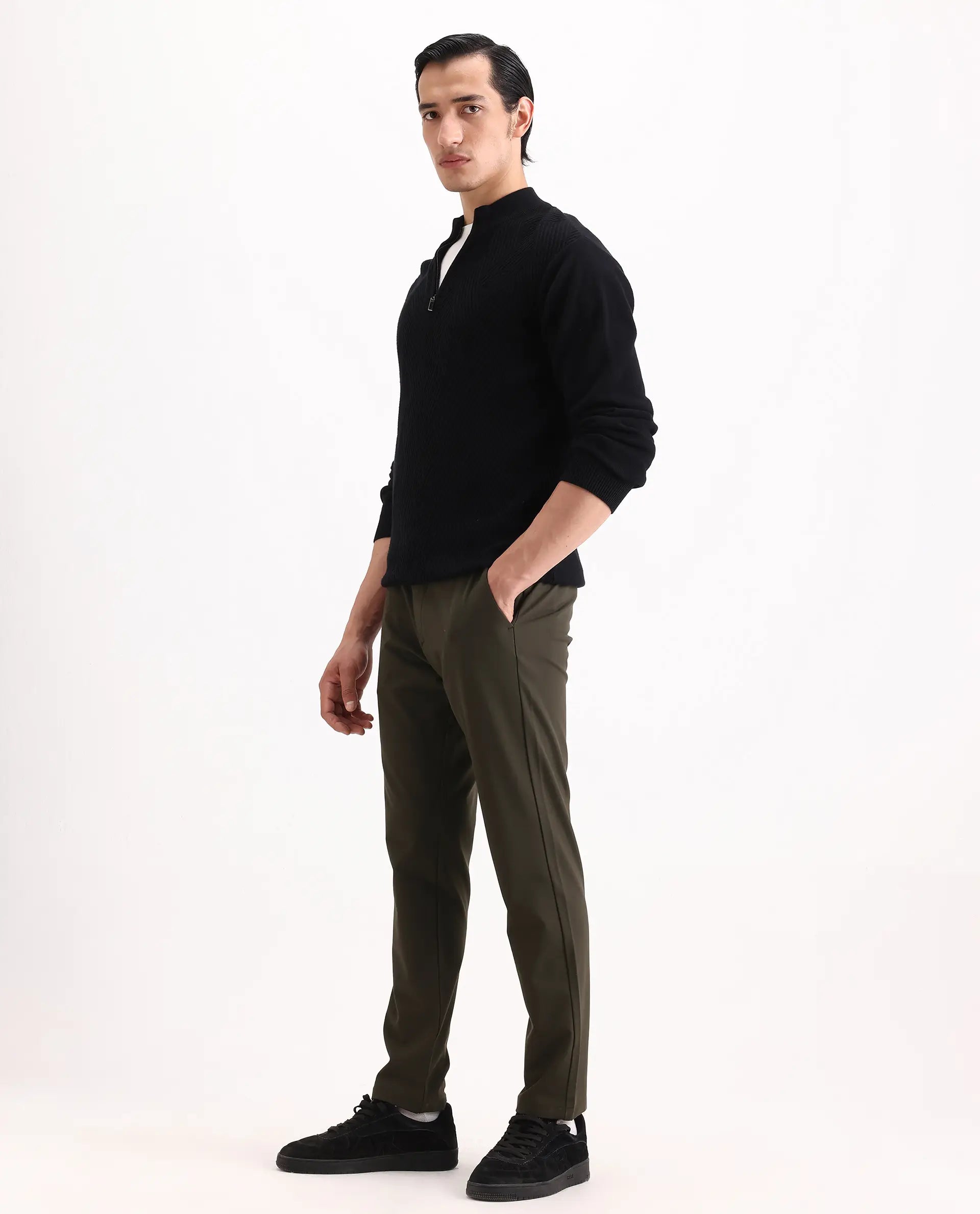 Rare Rabbit Men's Travel-Ss26 Dark Olive Polyester Fabric Button And Zip Closure Closure Plain Trouser