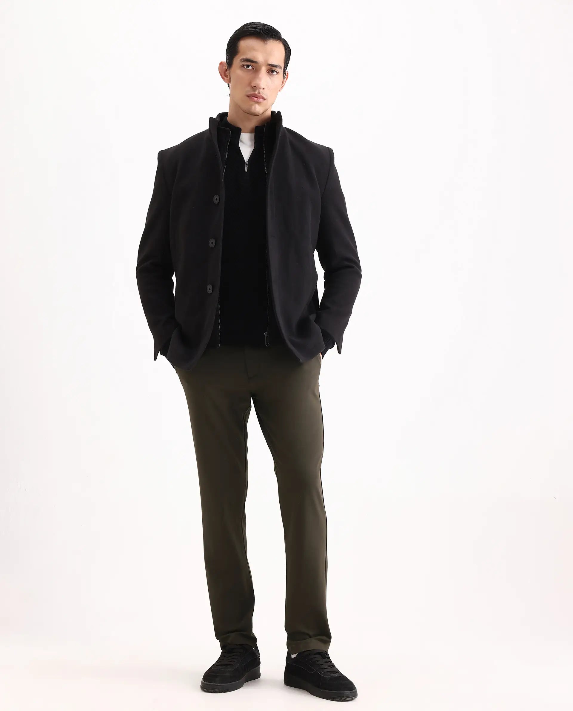 Rare Rabbit Men's Travel-Ss26 Dark Olive Polyester Fabric Button And Zip Closure Closure Plain Trouser