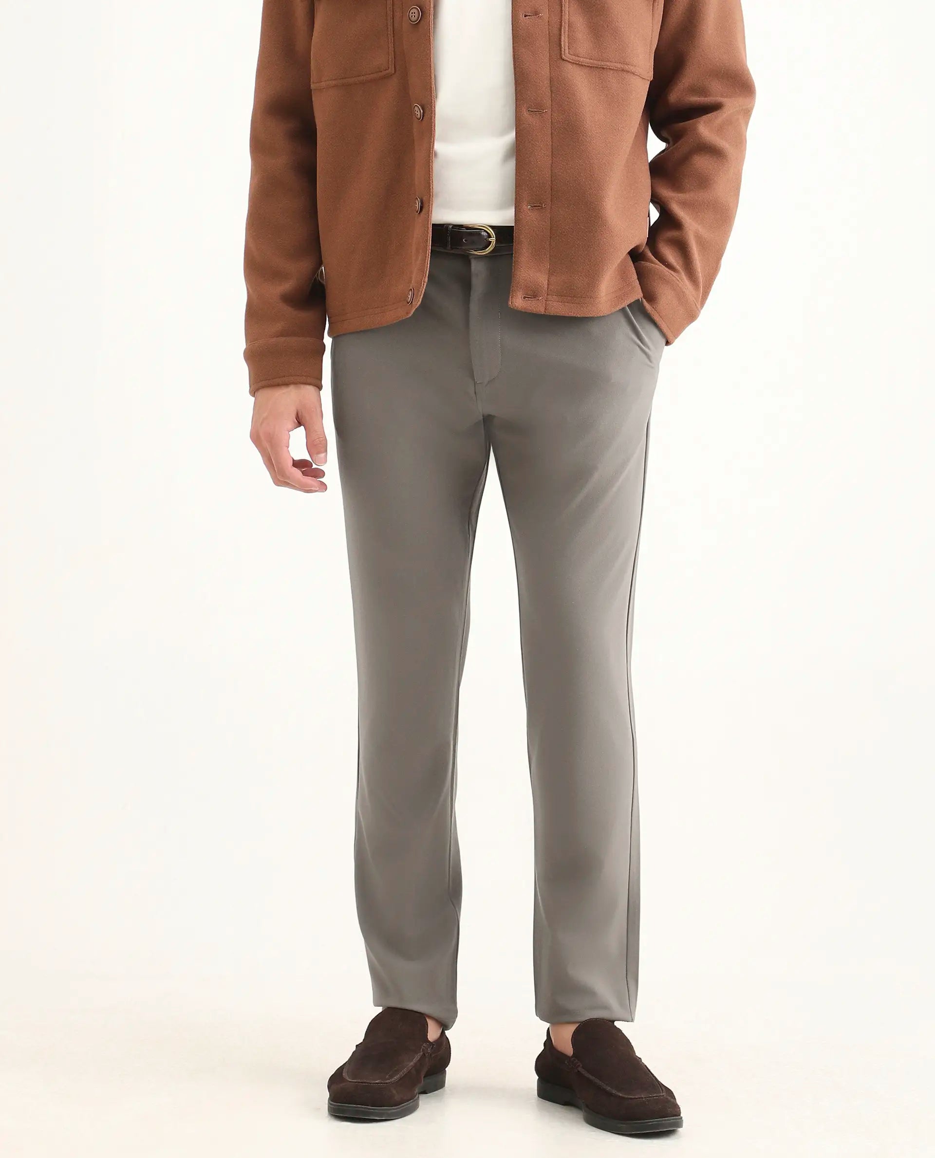 Rare Rabbit Men's Travel-Ss26 Dark Beige Polyester Fabric Button And Zip Closure Closure Plain Trouser